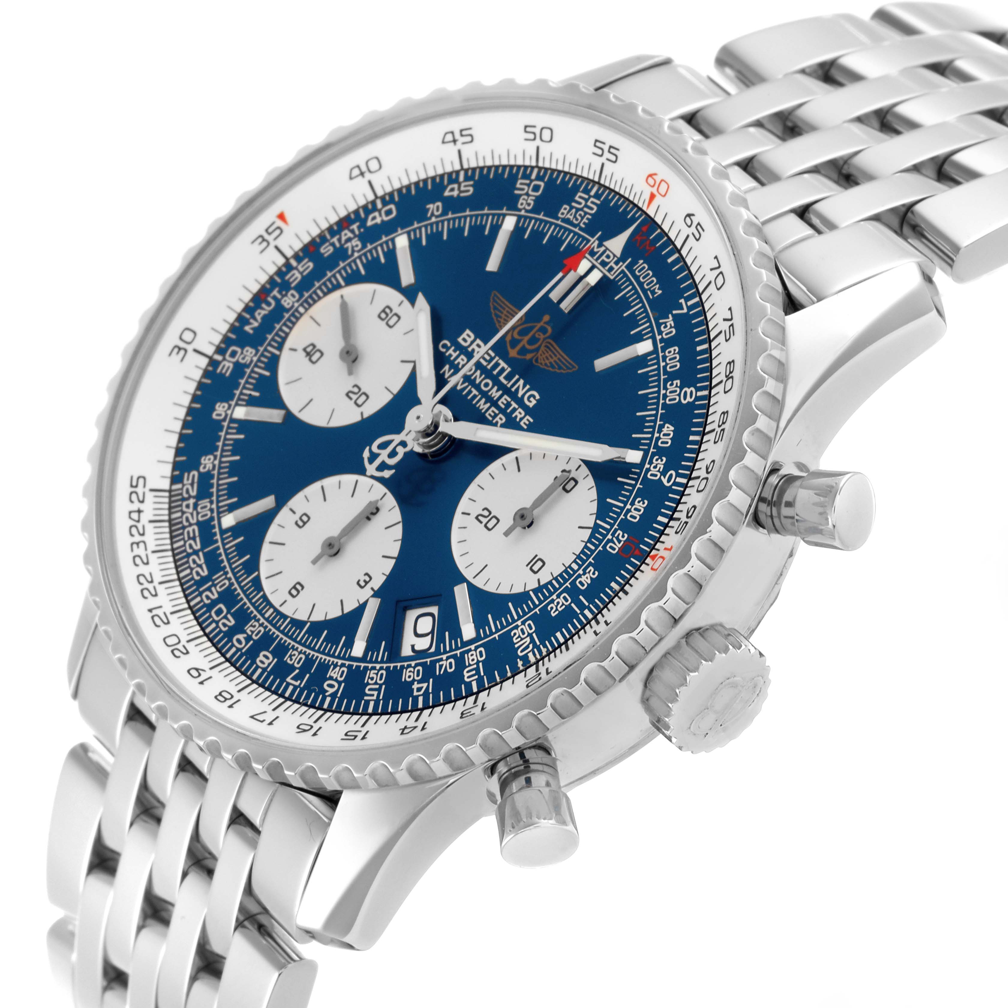 The Breitling Navitimer A23322 Men
s Stainless Steel Blue Dial A23322 Men
s Stainless Steel Blue Dial watch is shown from a side angle, highlighting its blue dial, silver subdials, and stainless steel bracelet.