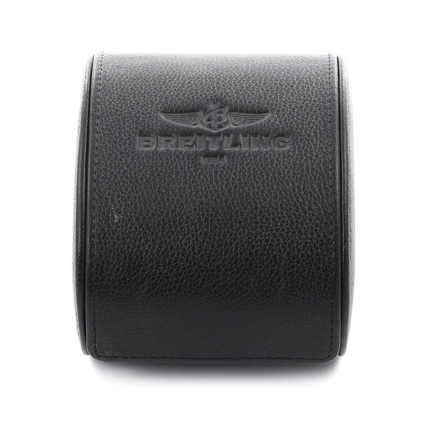 This image shows a black leather case for a Breitling Navitimer A23322 Men
s Stainless Steel Blue Dial A23322 Men
s Stainless Steel Blue Dial watch, viewed from the front with the logo visible.