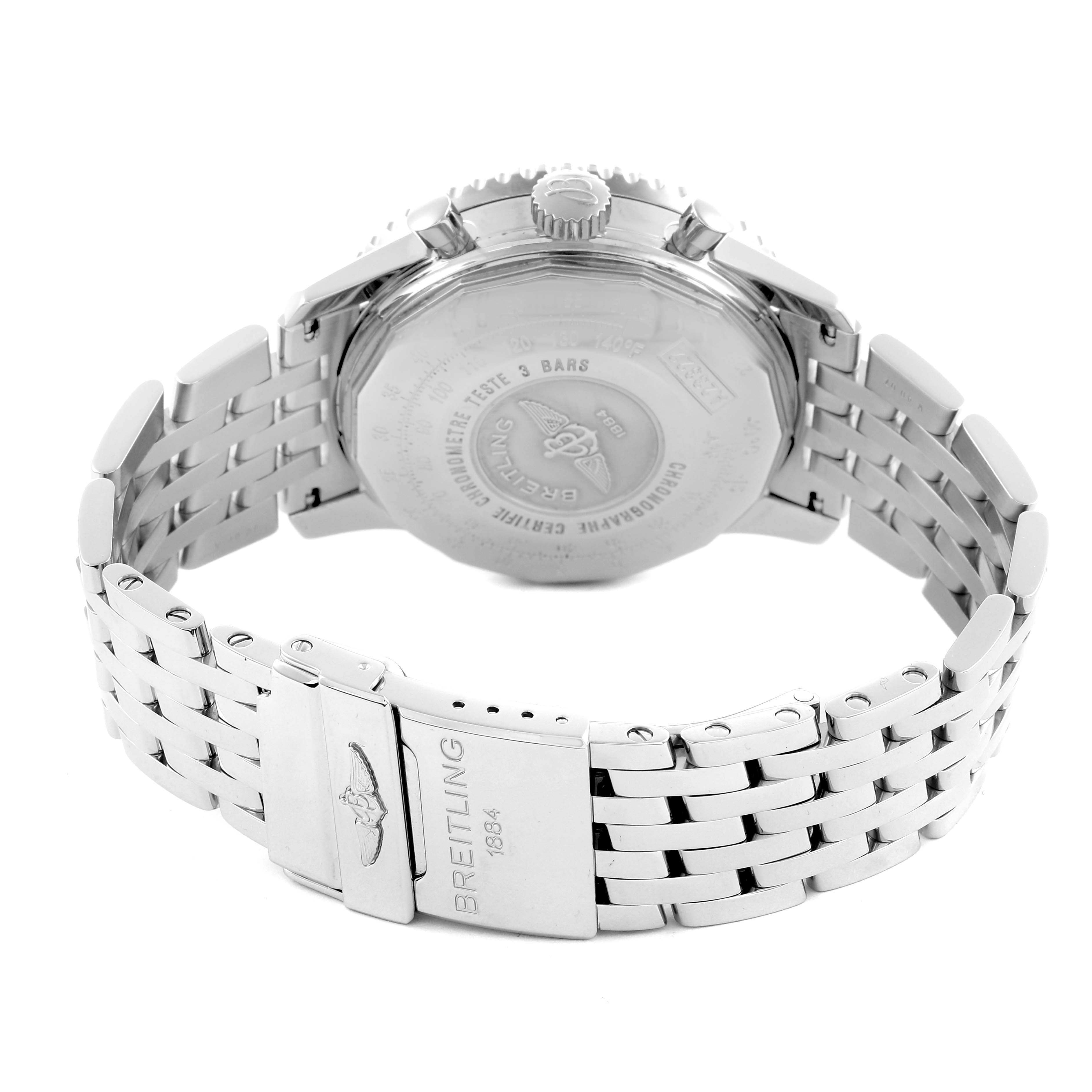 The image shows the back and bracelet of the Breitling Navitimer A23322 Men
s Stainless Steel Blue Dial A23322 Men
s Stainless Steel Blue Dial watch from a low rear angle.