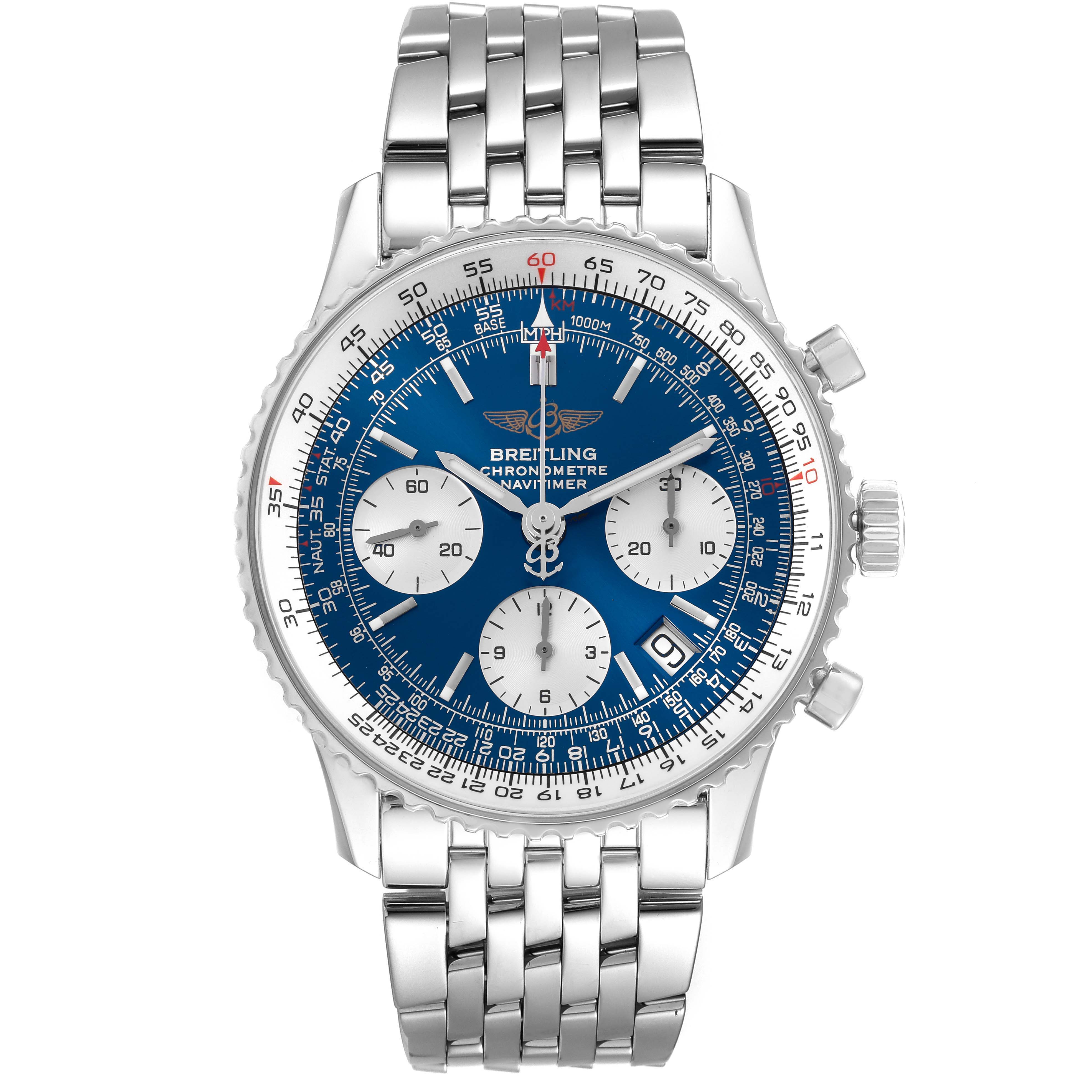 The Breitling Navitimer A23322 Men
s Stainless Steel Blue Dial A23322 Men
s Stainless Steel Blue Dial watch is shown from the front, highlighting the dial, bezel, bracelet, and chronograph subdials.