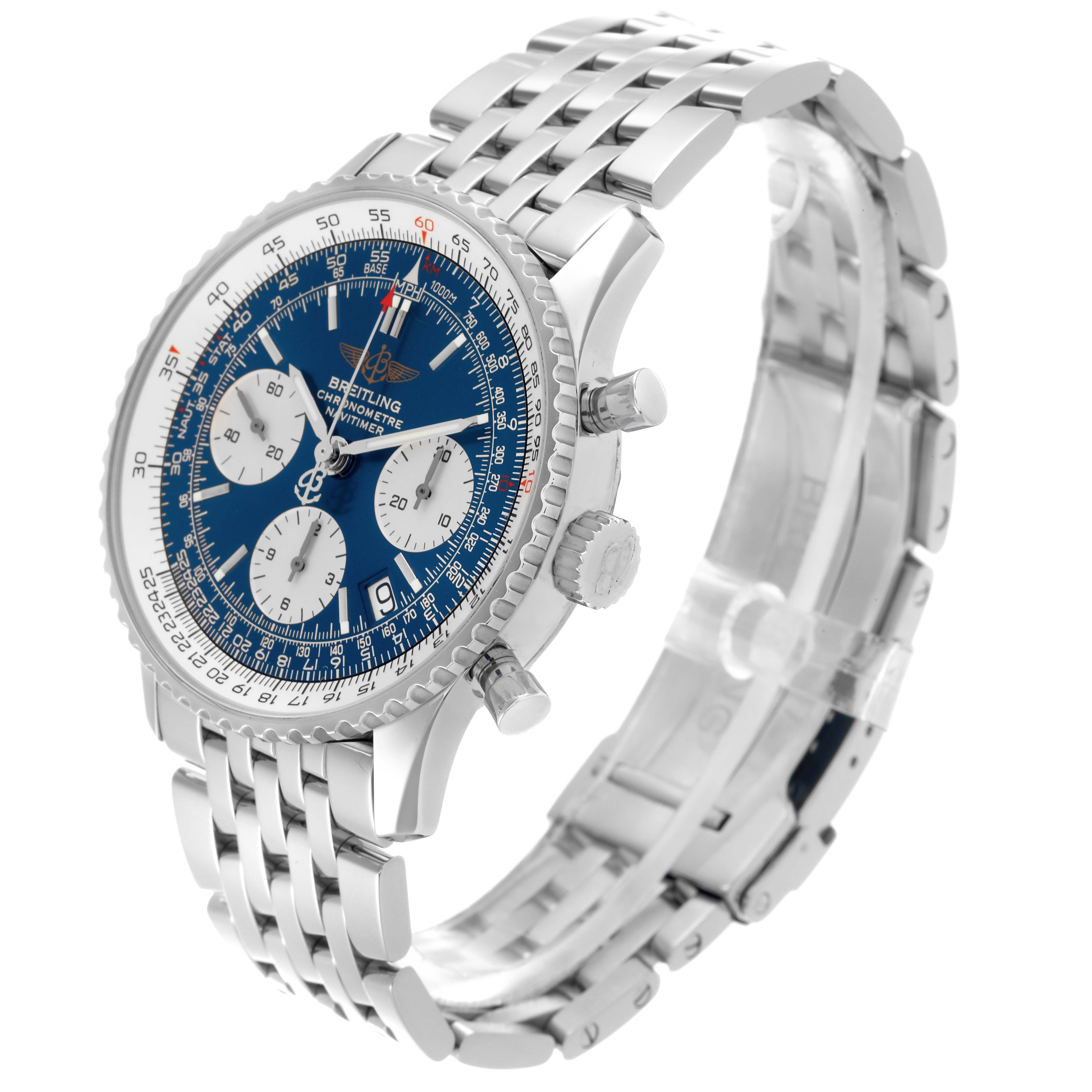 The Breitling Navitimer A23322 Men
s Stainless Steel Blue Dial A23322 Men
s Stainless Steel Blue Dial watch is shown at a three-quarter angle, displaying the face, bezel, crown, pushers, and bracelet.
