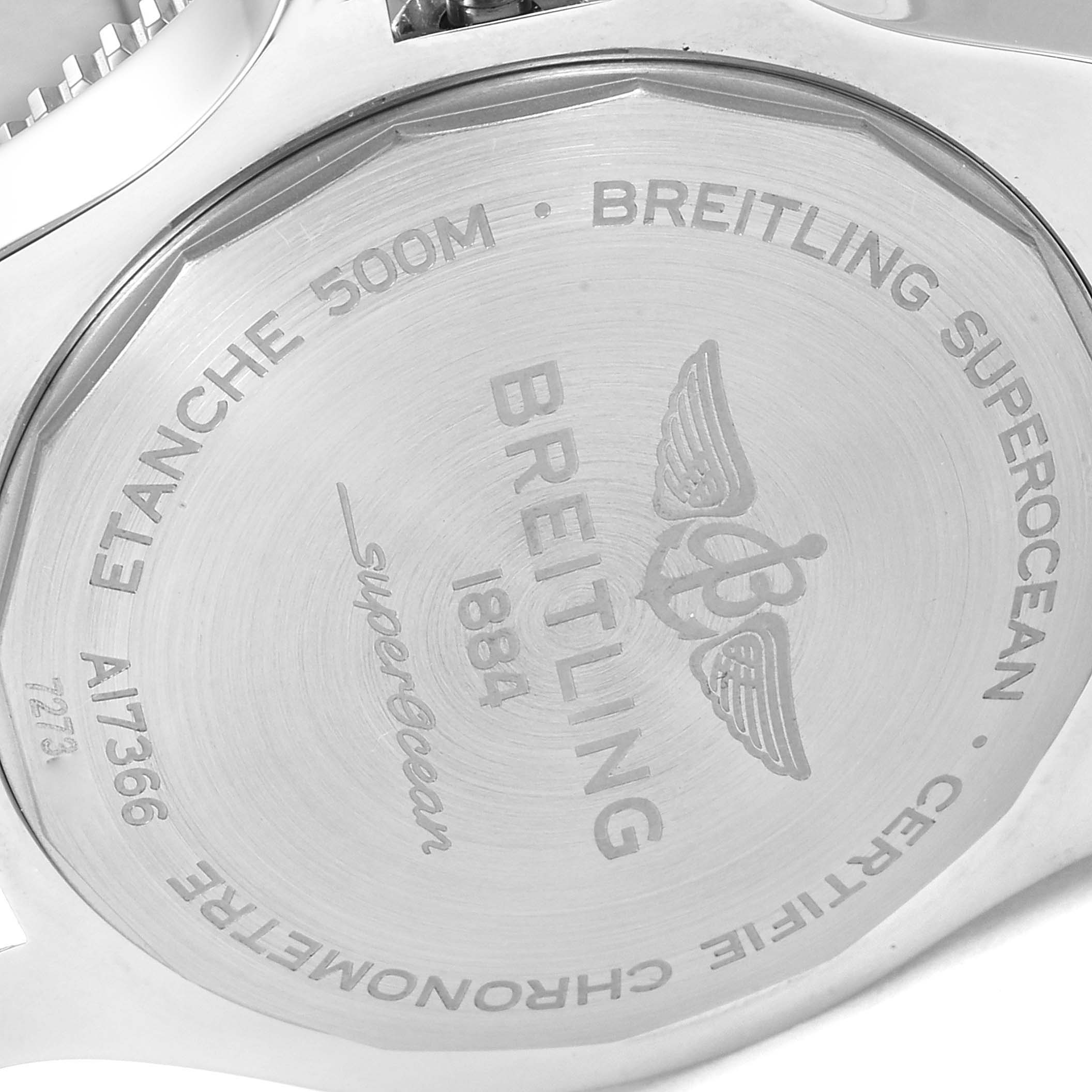 The image shows the case back of the Breitling Superocean A17366 Men's Stainless Steel Black Dial A17366 Men's Stainless Steel Black Dial watch, viewed from a close-up angle.