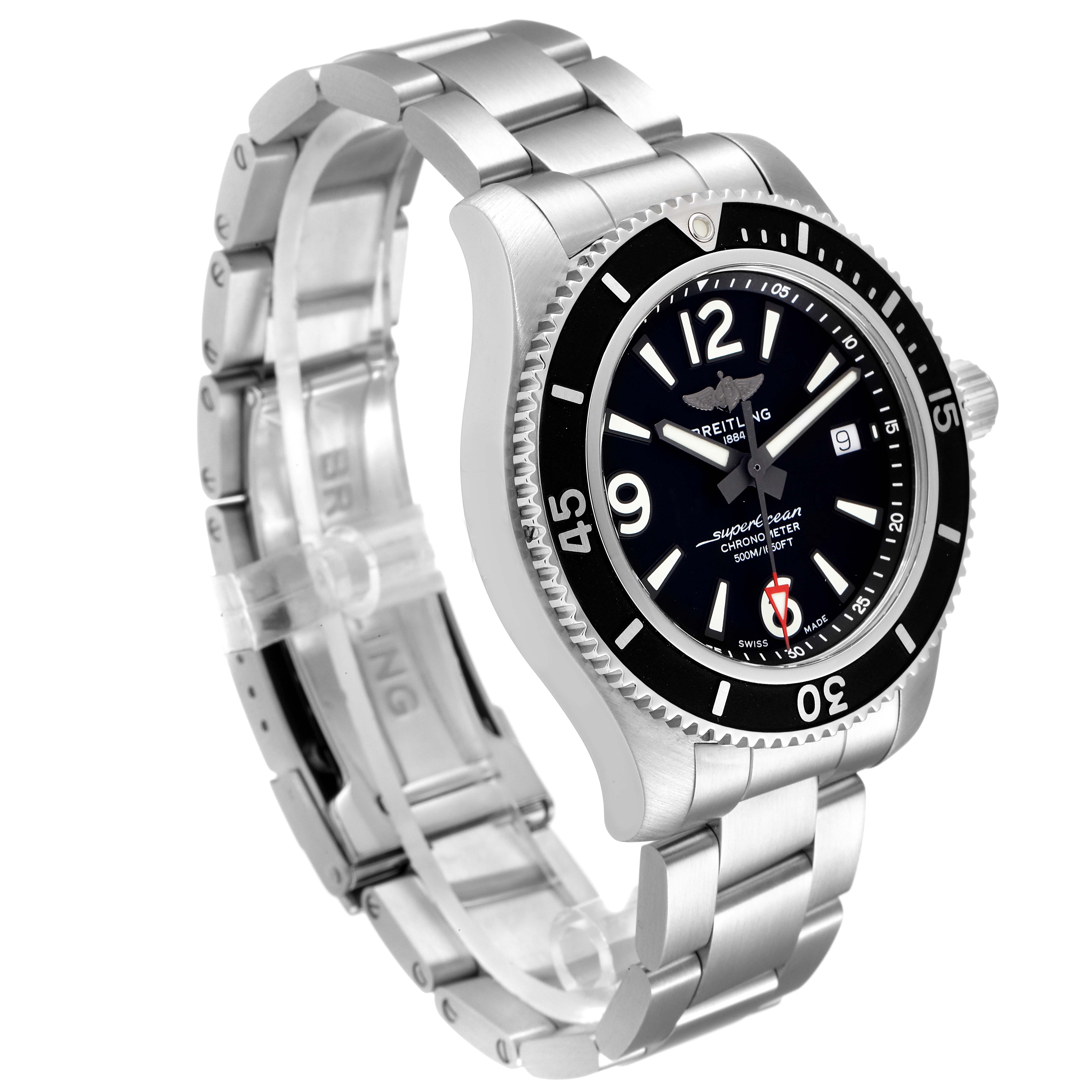 The Breitling Superocean A17366 Men's Stainless Steel Black Dial A17366 Men's Stainless Steel Black Dial watch is shown at a three-quarter angle, displaying the face, bezel, crown, and band.