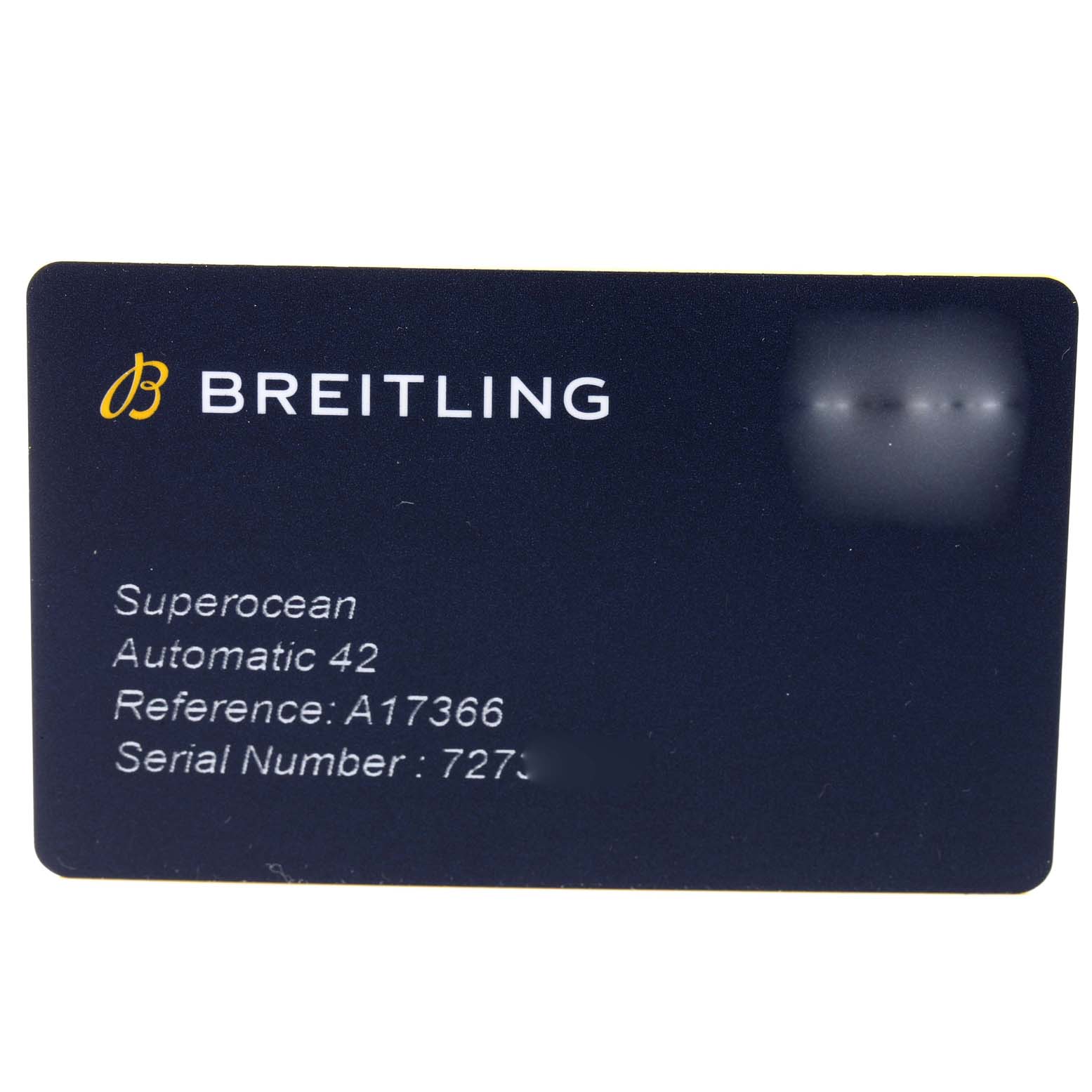 The image shows a warranty card for a Breitling Superocean A17366 Men's Stainless Steel Black Dial A17366 Men's Stainless Steel Black Dial Automatic 42 watch, displaying the model, reference number, and serial number.