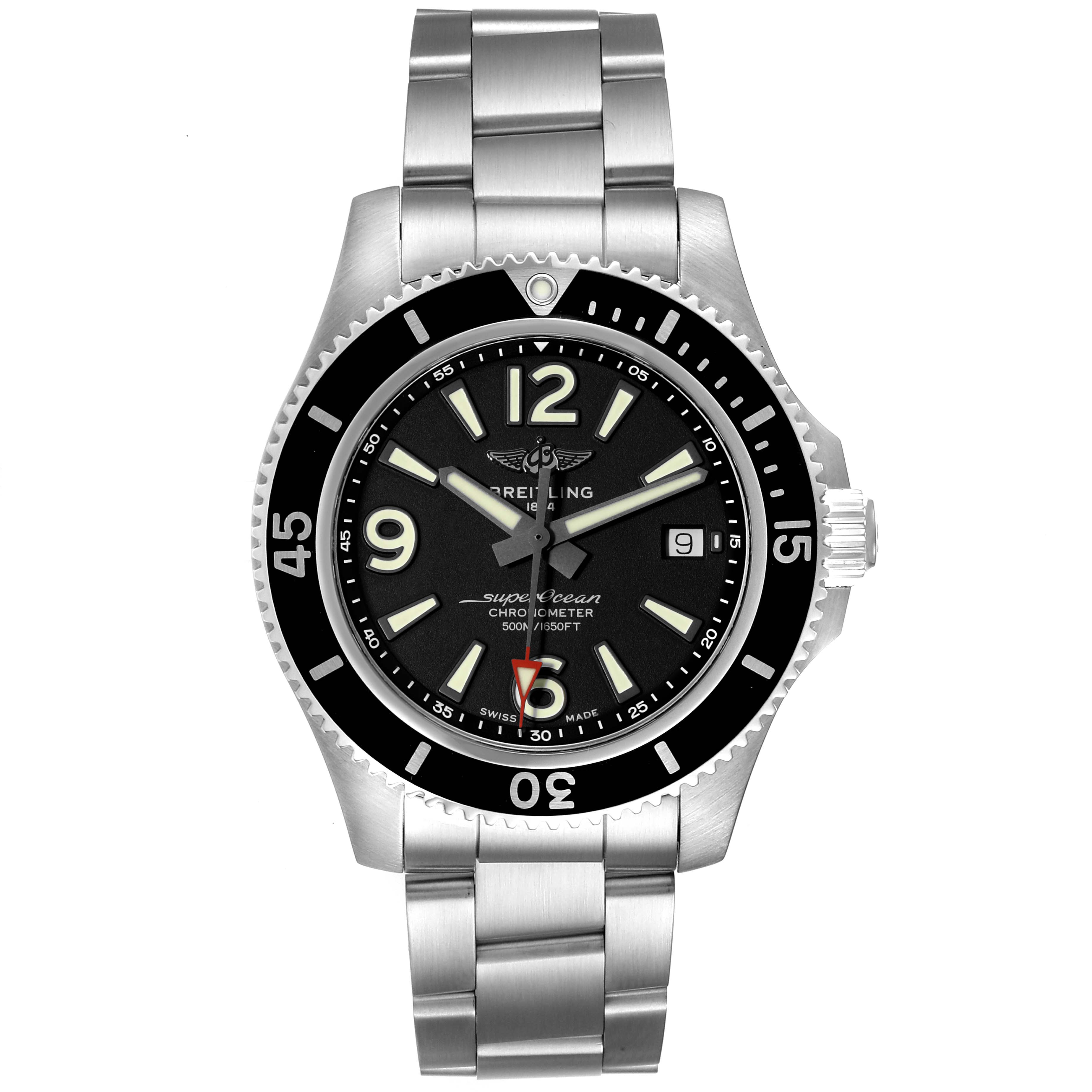 The image shows a front view of a Breitling Superocean A17366 Men's Stainless Steel Black Dial A17366 Men's Stainless Steel Black Dial watch, highlighting its dial, bezel, and metal bracelet.