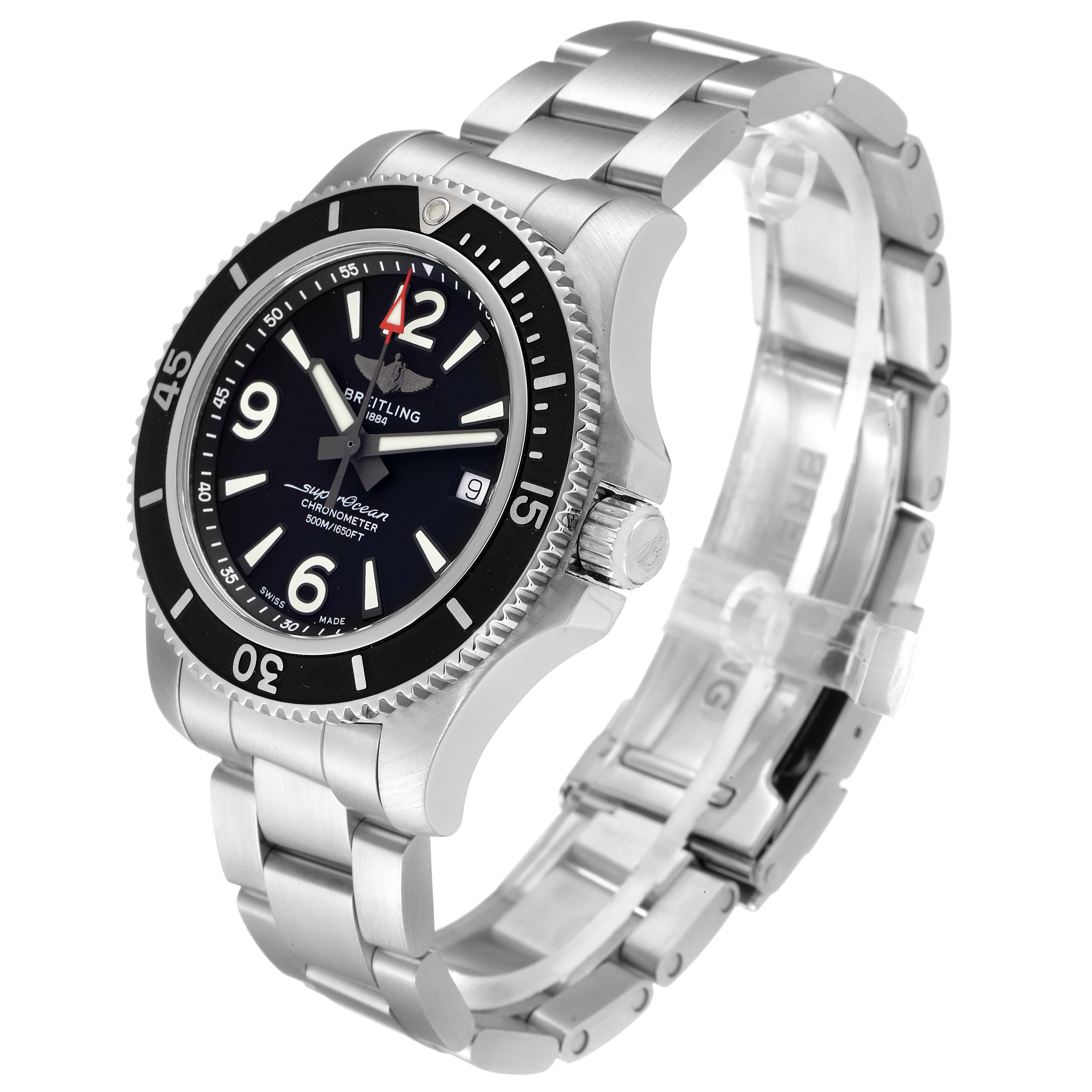 The Breitling Superocean A17366 Men's Stainless Steel Black Dial A17366 Men's Stainless Steel Black Dial watch is shown at a three-quarter angle, showcasing the dial, bezel, crown, and metal bracelet.