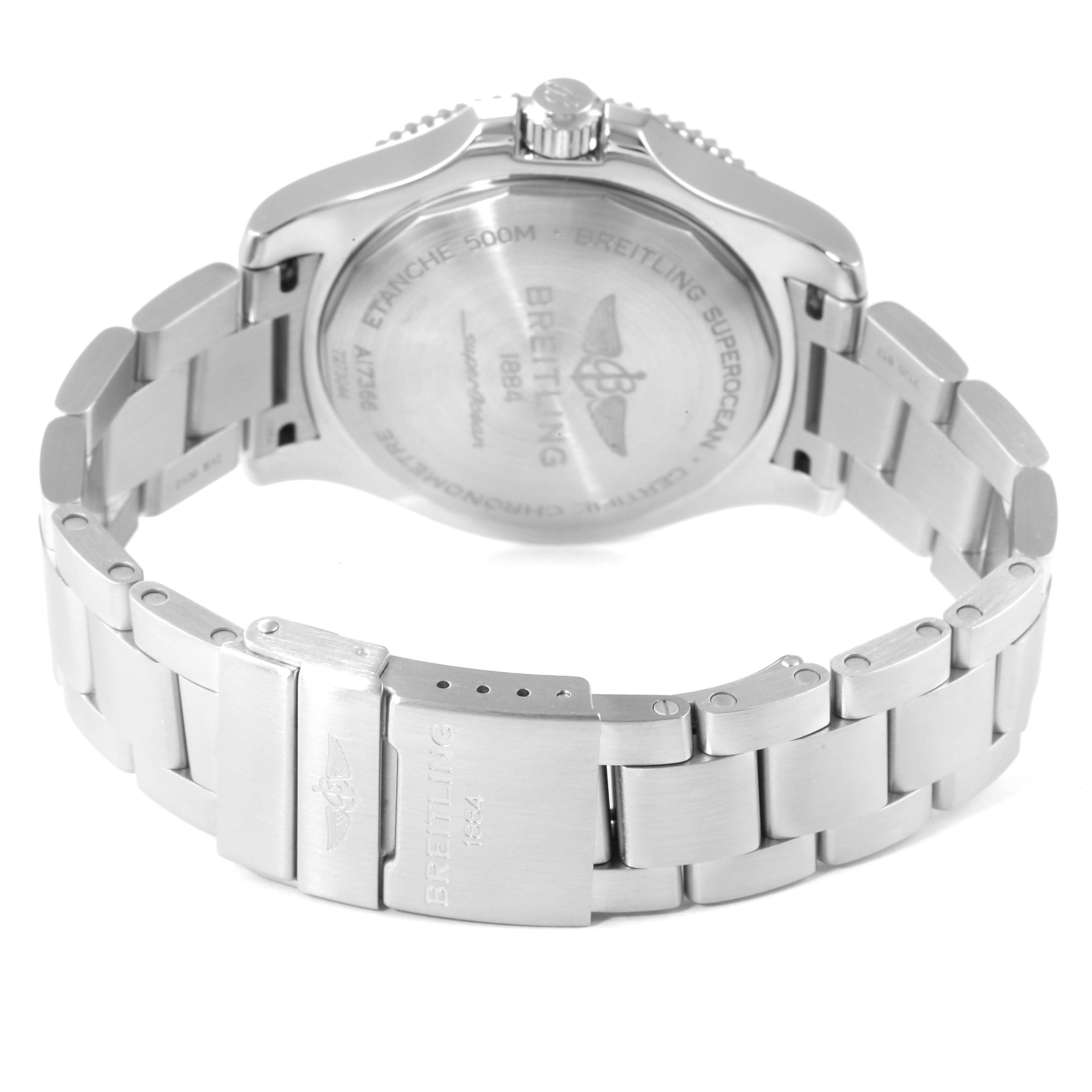 This image shows the back case, bracelet, and clasp of a Breitling Superocean A17366 Men's Stainless Steel Black Dial A17366 Men's Stainless Steel Black Dial watch from a rear angle.