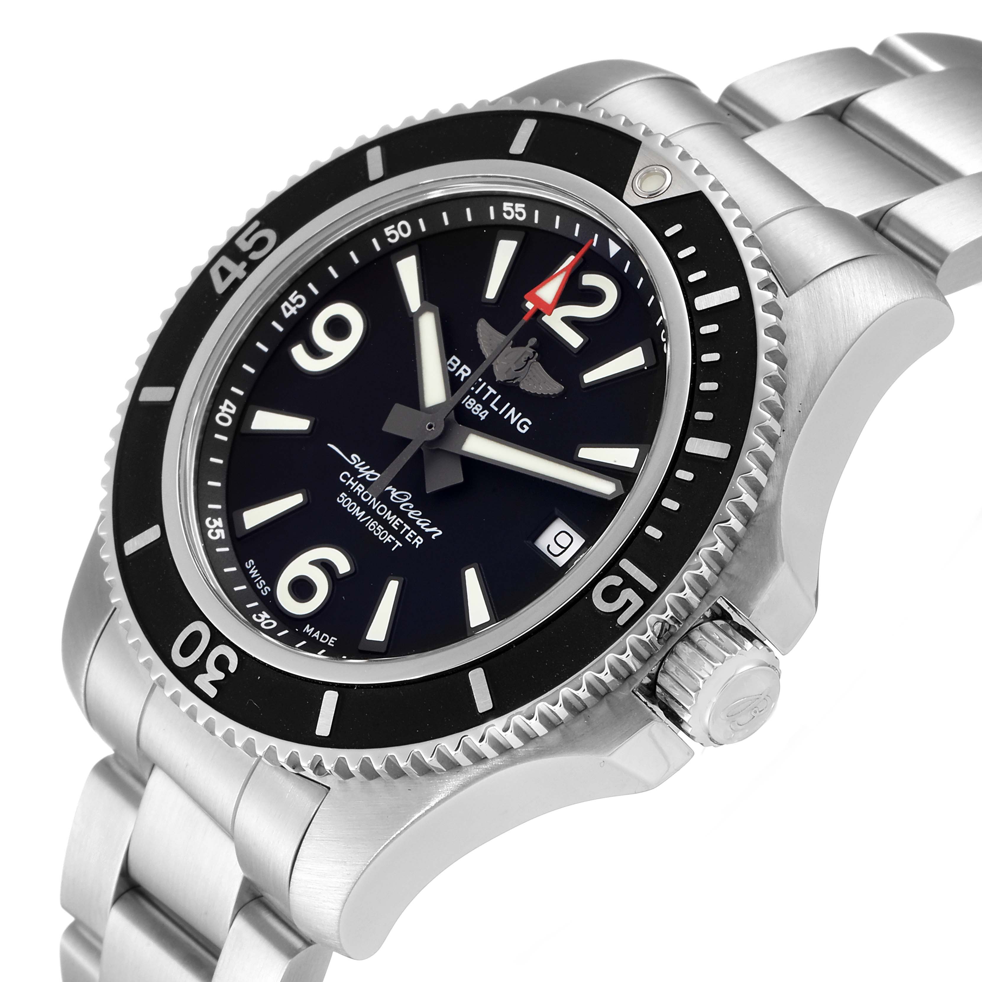 The image shows a Breitling Superocean A17366 Men's Stainless Steel Black Dial A17366 Men's Stainless Steel Black Dial watch at an angle highlighting the face, bezel, crown, and bracelet.