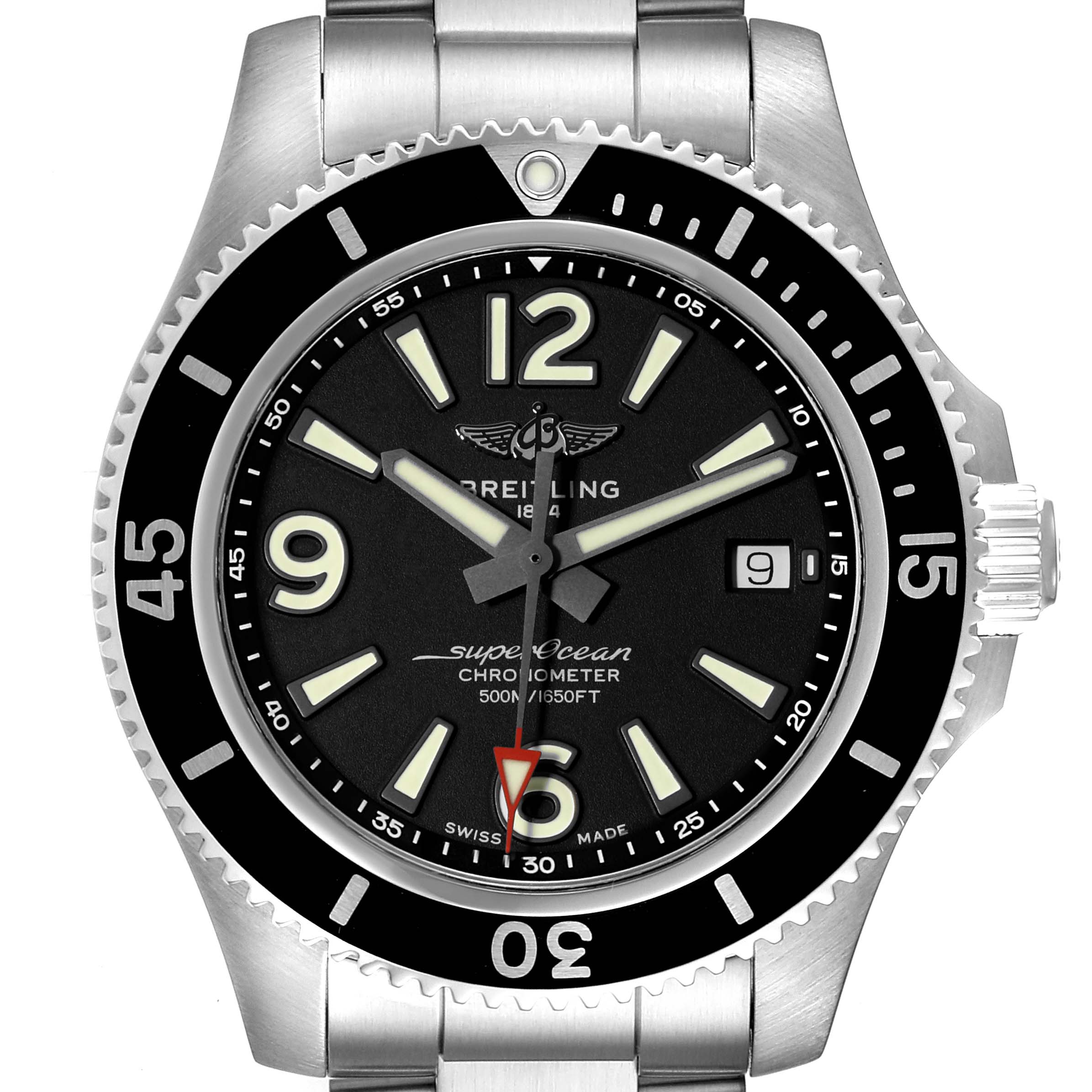 The image shows the front view of the Breitling Superocean A17366 Men's Stainless Steel Black Dial A17366 Men's Stainless Steel Black Dial watch, featuring its dial, bezel, and part of the bracelet.