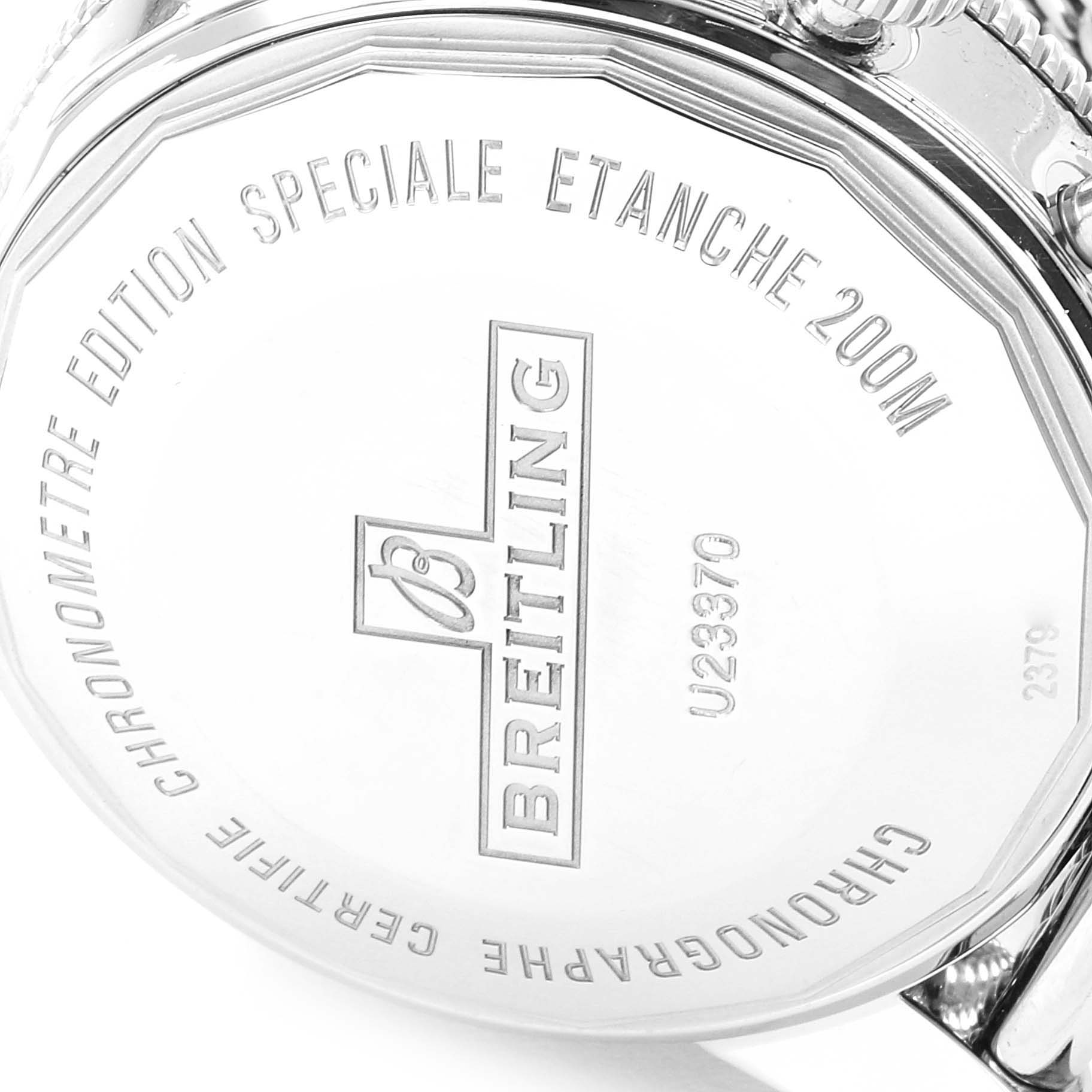 The image shows the back case of a Breitling Superocean U23370 Men
s Steel and Gold (two tone) Black Dial U23370 Men
s Steel and Gold (two tone) Black Dial watch, detailing its model specifications and water resistance.