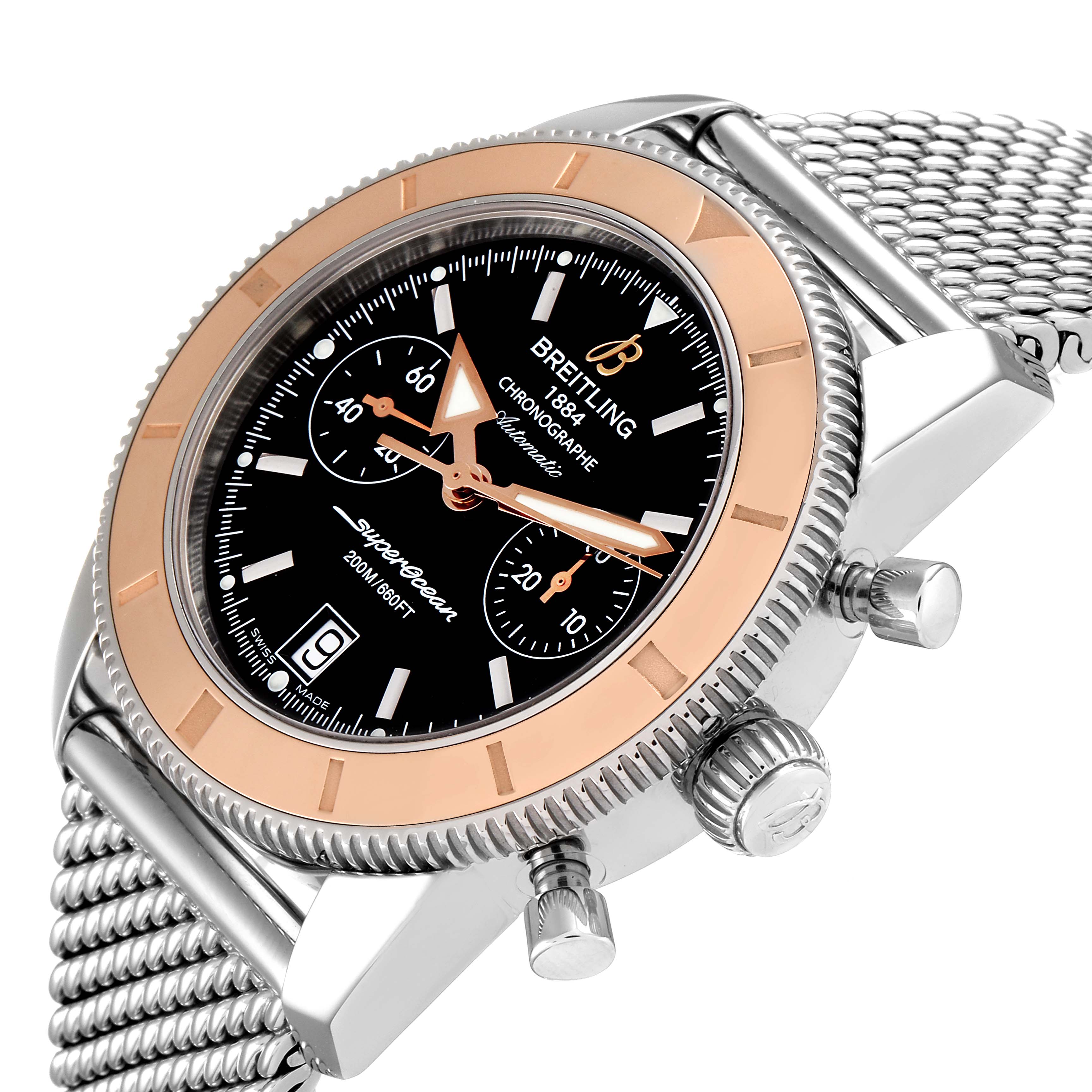 The Breitling Superocean U23370 Men
s Steel and Gold (two tone) Black Dial U23370 Men
s Steel and Gold (two tone) Black Dial watch is shown at an angle highlighting its bezel, dial, chronograph subdials, and mesh bracelet.