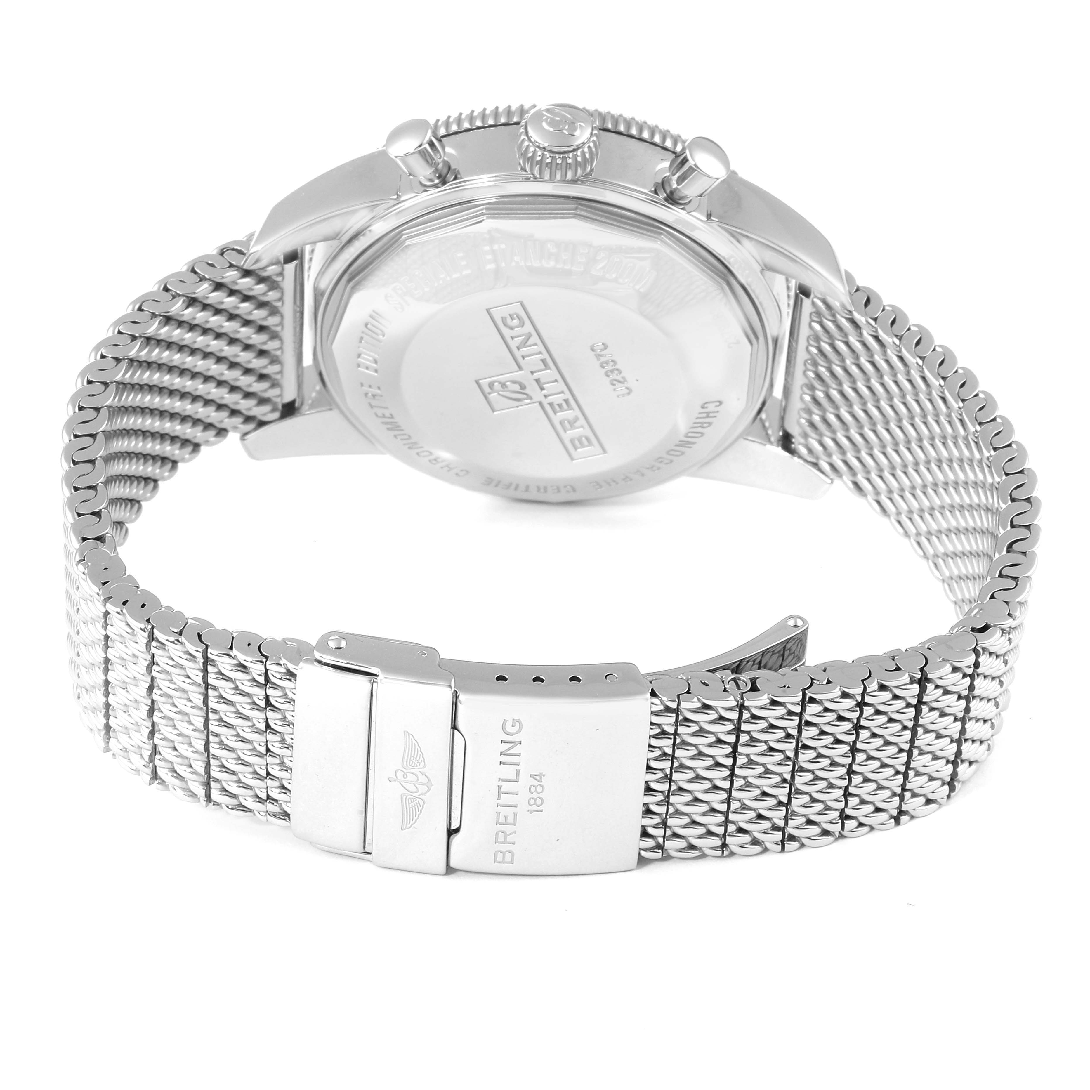 The angle shows the back of the Breitling Superocean U23370 Men
s Steel and Gold (two tone) Black Dial U23370 Men
s Steel and Gold (two tone) Black Dial watch, featuring its case back, crown, and mesh bracelet with clasp.