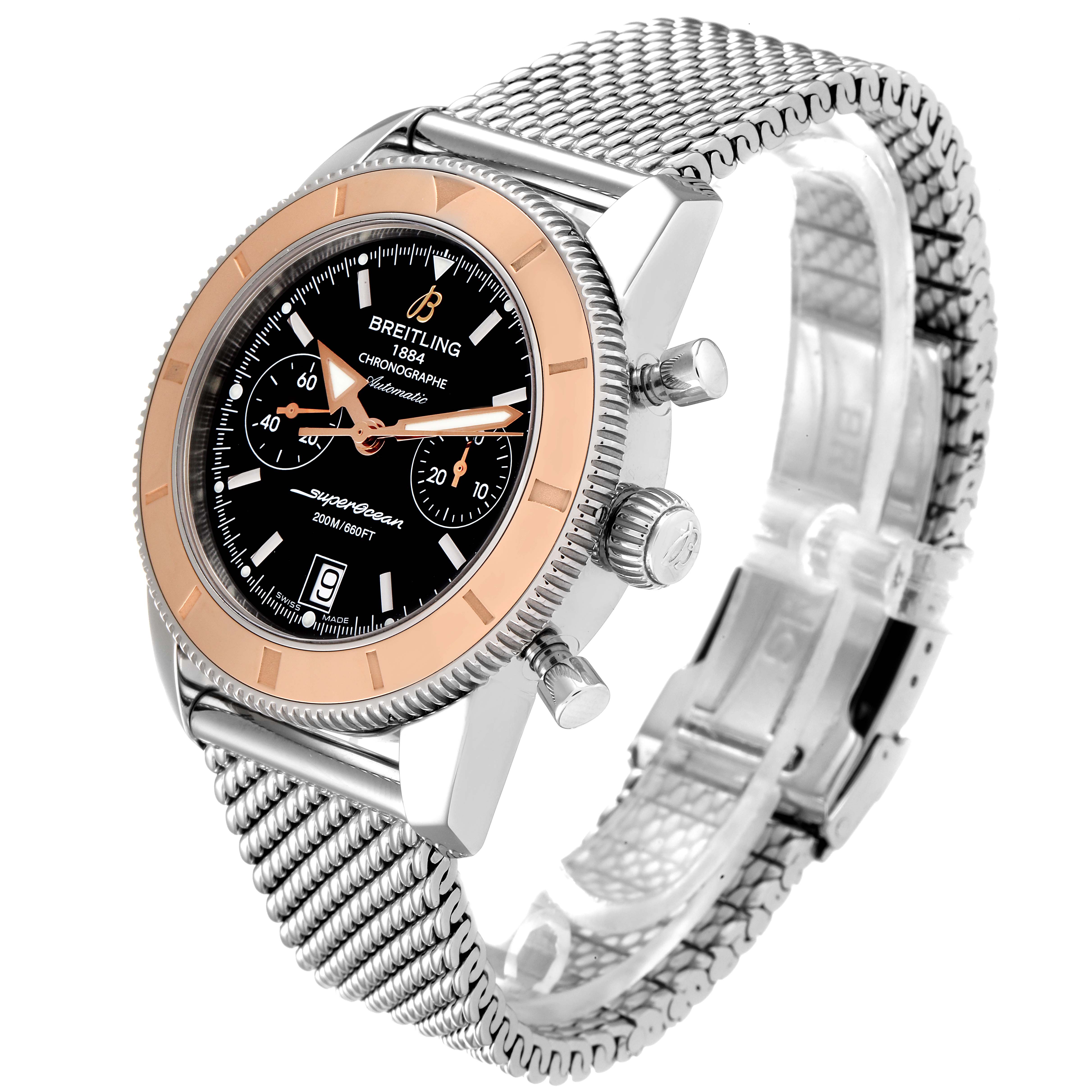 The Breitling Superocean U23370 Men
s Steel and Gold (two tone) Black Dial U23370 Men
s Steel and Gold (two tone) Black Dial watch is shown at a three-quarter angle displaying the face, crown, chronograph buttons, and mesh bracelet.
