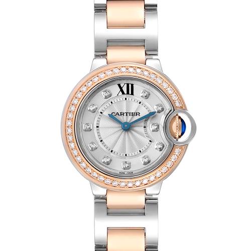 The Cartier Ballon Bleu W3BB0009 Women's Steel and Gold (two tone) Silver Dial watch is shown from a top view, highlighting its round face, diamond bezel, and bicolor bracelet.