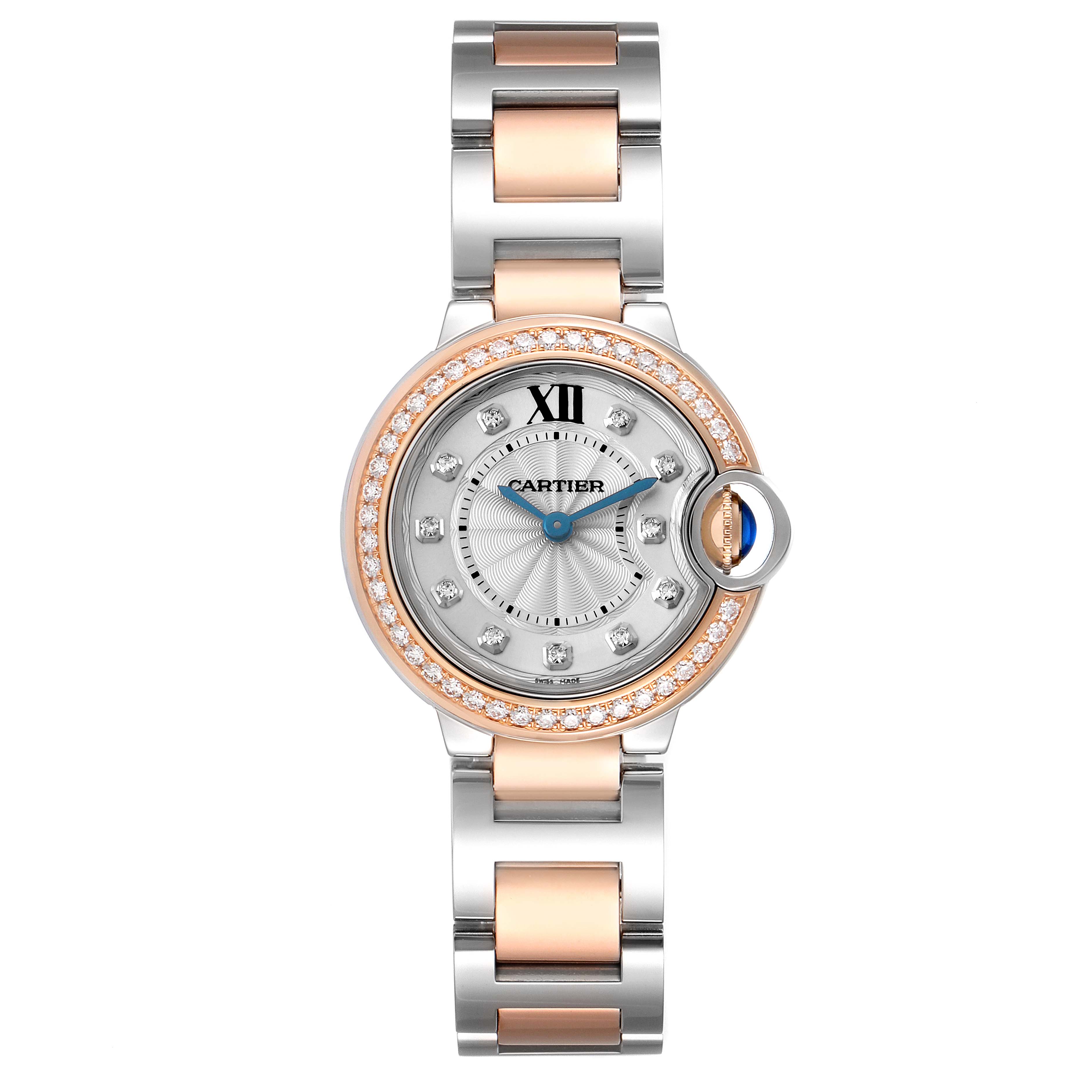 The Cartier Ballon Bleu W3BB0009 Women's Steel and Gold (two tone) Silver Dial watch is shown from a top-down angle, displaying its face, bezel, and mixed metal bracelet.