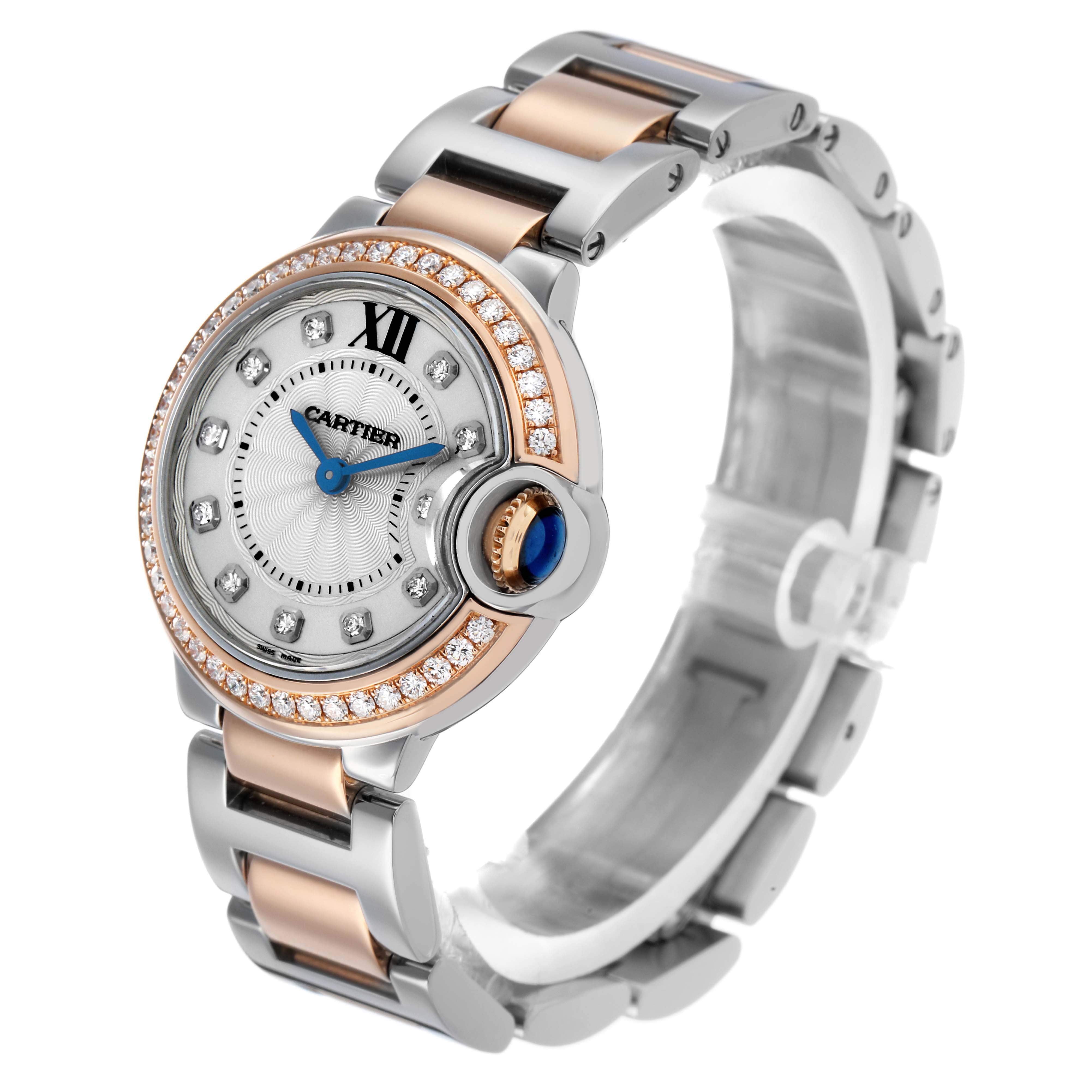 The Cartier Ballon Bleu W3BB0009 Women's Steel and Gold (two tone) Silver Dial watch is shown at a three-quarter angle, highlighting the face, crown, and bracelet.