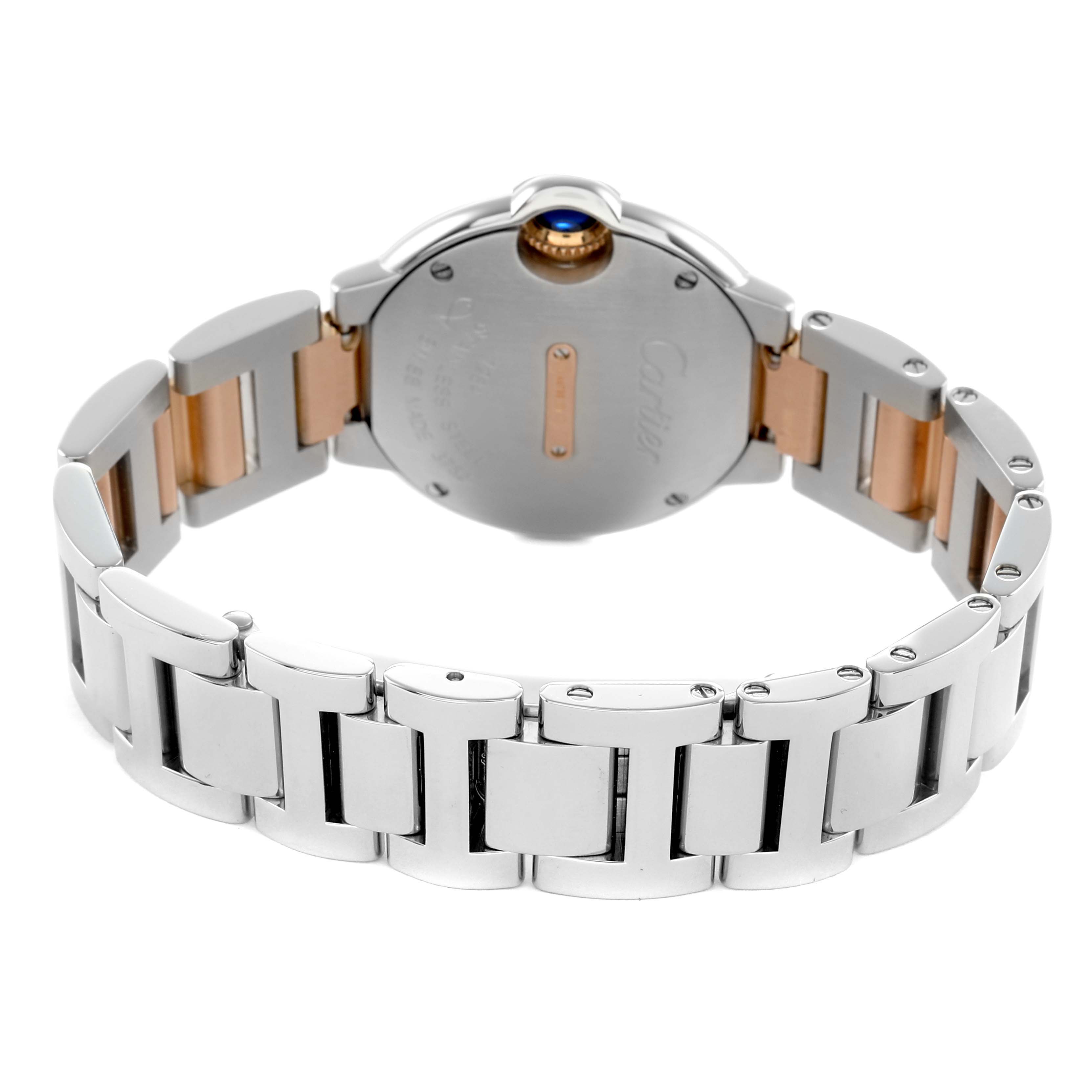 The image shows the back of a Cartier Ballon Bleu W3BB0009 Women's Steel and Gold (two tone) Silver Dial watch, highlighting the case back, bracelet, and crown from a rear angle.