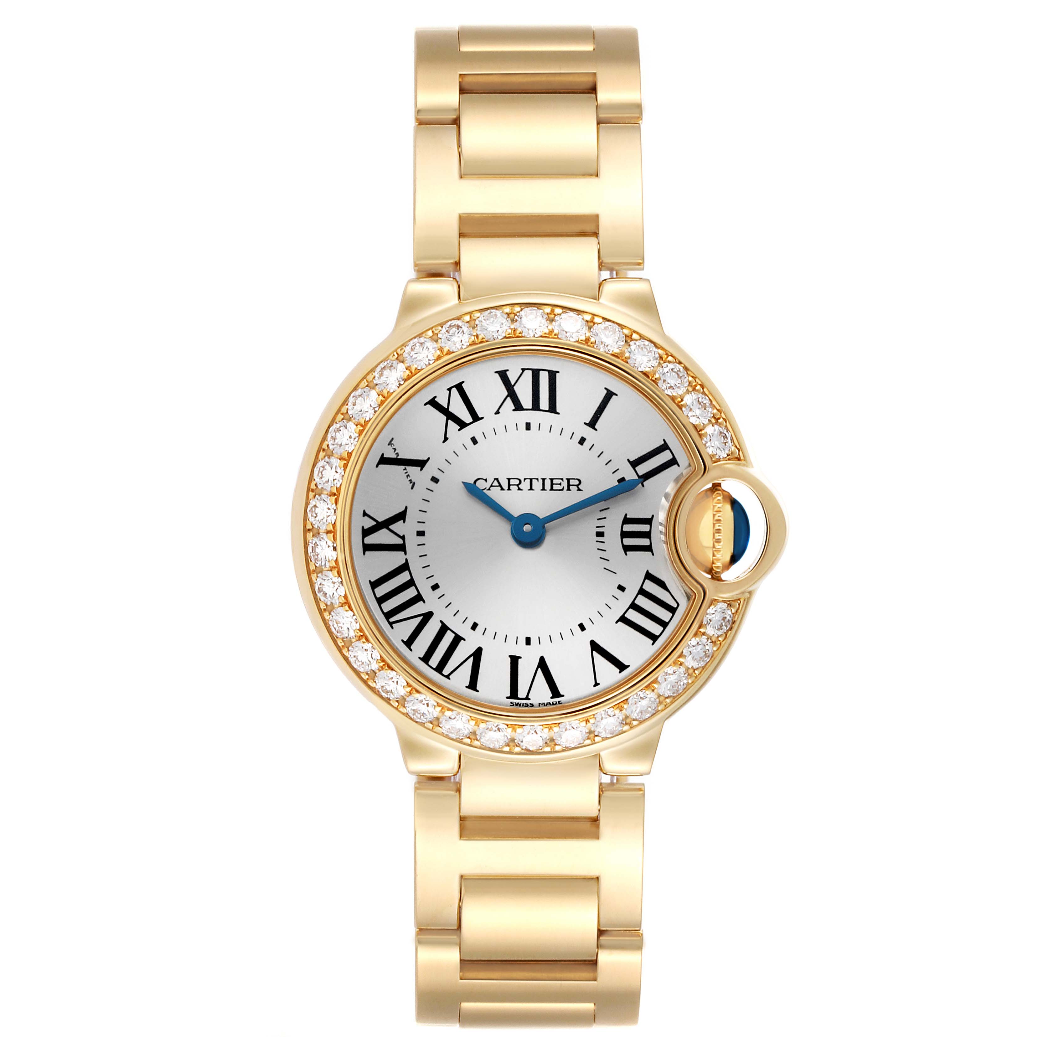 The Cartier Ballon Bleu WE9001Z3 Women's Yellow Gold Silver Dial watch is shown from the front, highlighting its diamond bezel and metal bracelet.