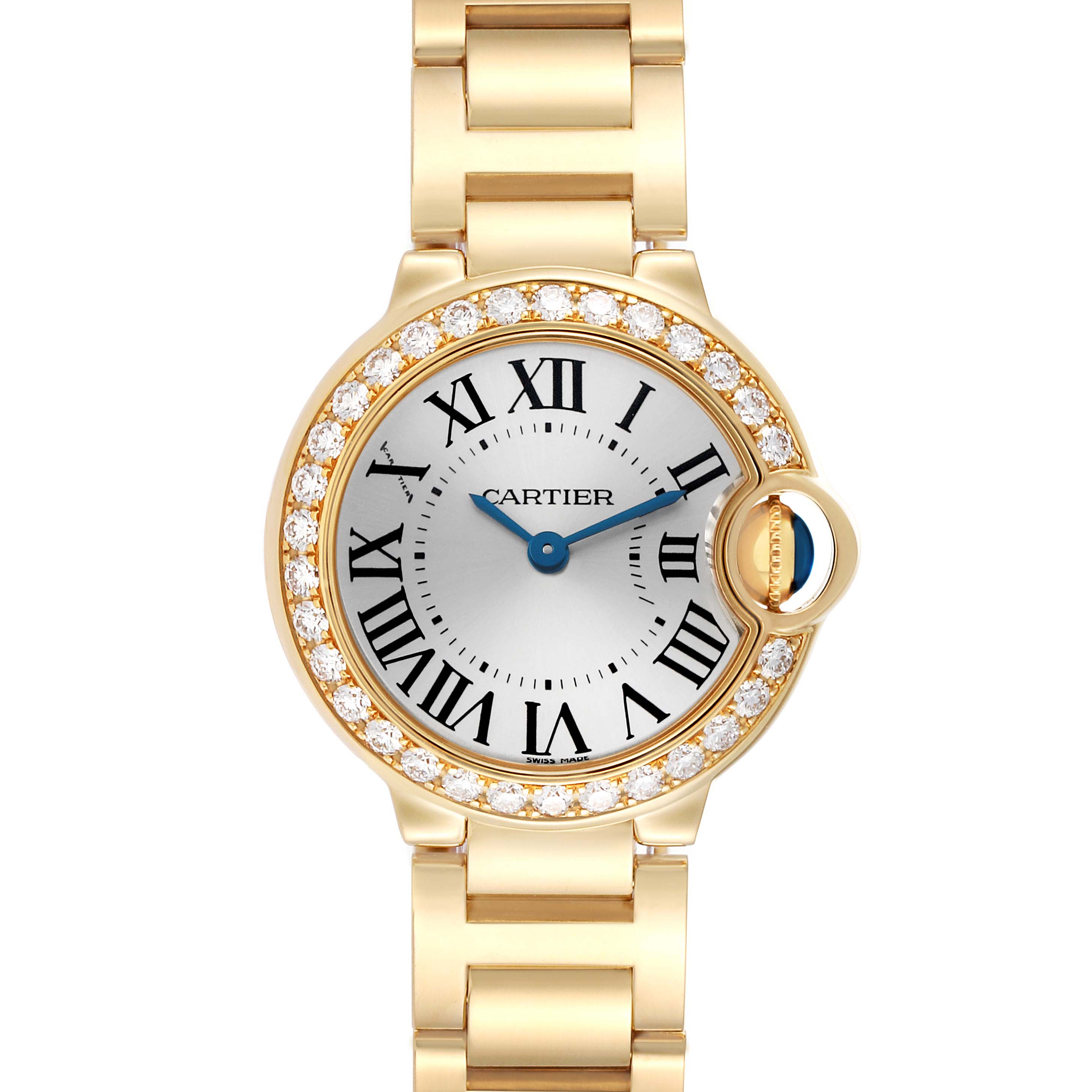 The Cartier Ballon Bleu WE9001Z3 Women's Yellow Gold Silver Dial watch is shown from a front angle, displaying its face, bezel, crown, and bracelet.