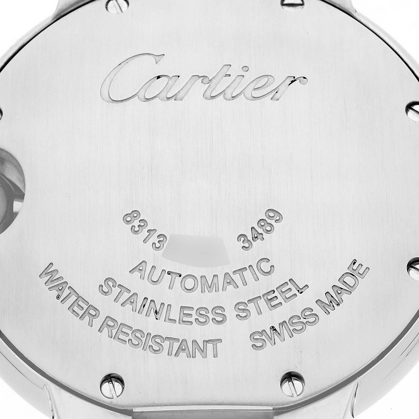 The image shows the back case of a Cartier Ballon Bleu W6920100 Women's Stainless Steel Pink Dial W6920100 Women's Stainless Steel Pink Dial watch, highlighting its engravings and material details.