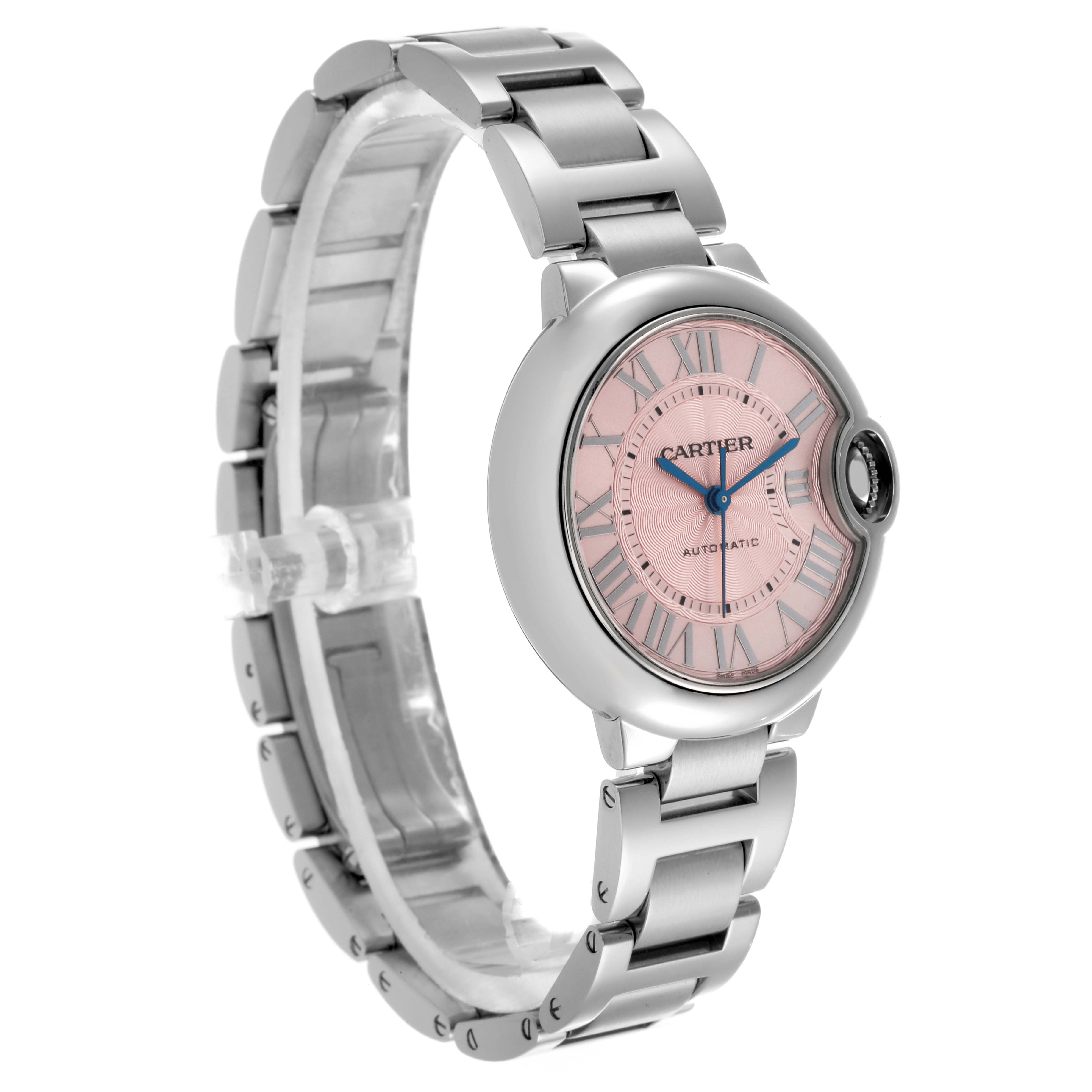 The Cartier Ballon Bleu W6920100 Women's Stainless Steel Pink Dial W6920100 Women's Stainless Steel Pink Dial watch is shown at a three-quarter angle, highlighting its face and bracelet.