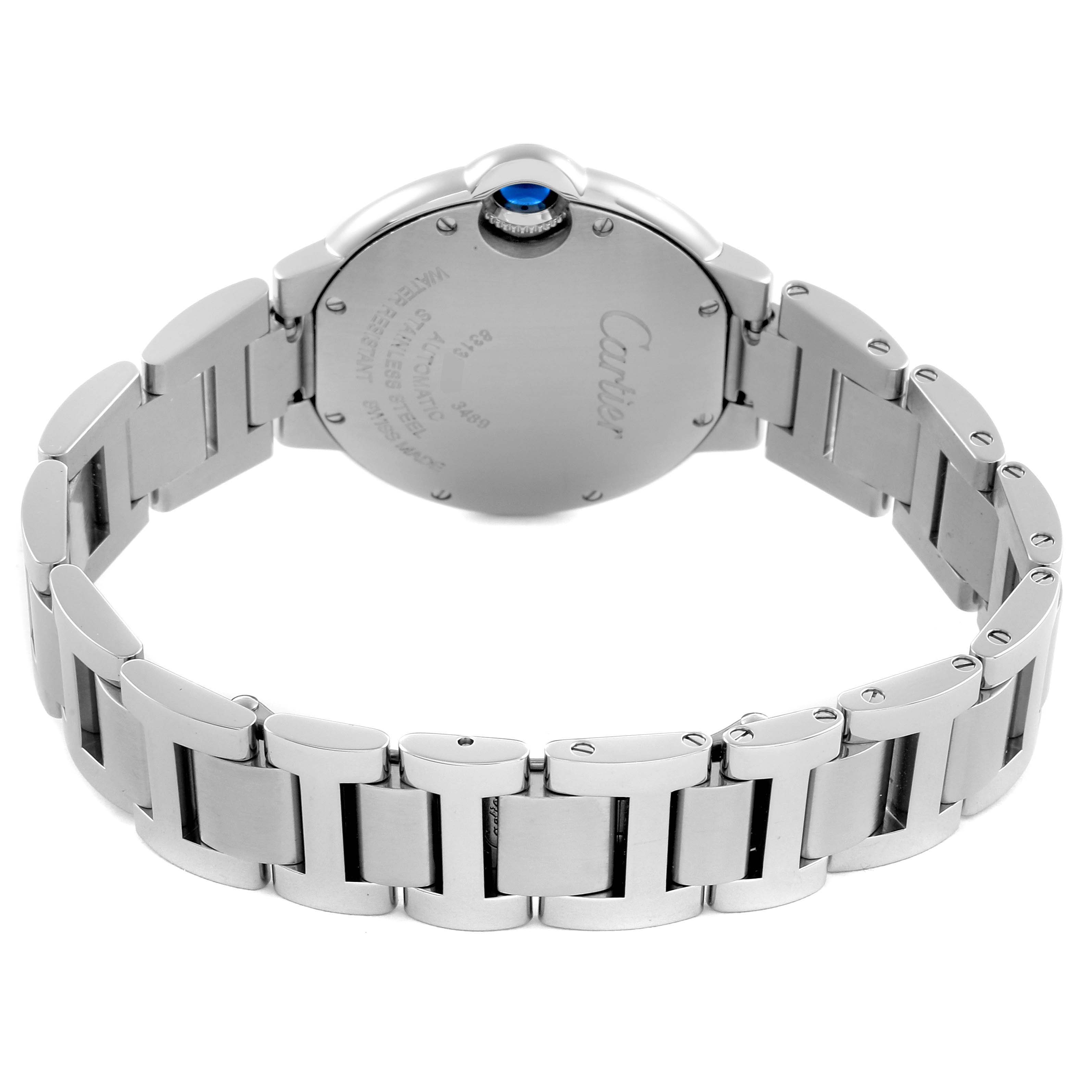 The image shows the back and bracelet of a Cartier Ballon Bleu W6920100 Women's Stainless Steel Pink Dial W6920100 Women's Stainless Steel Pink Dial watch at a rear angle.