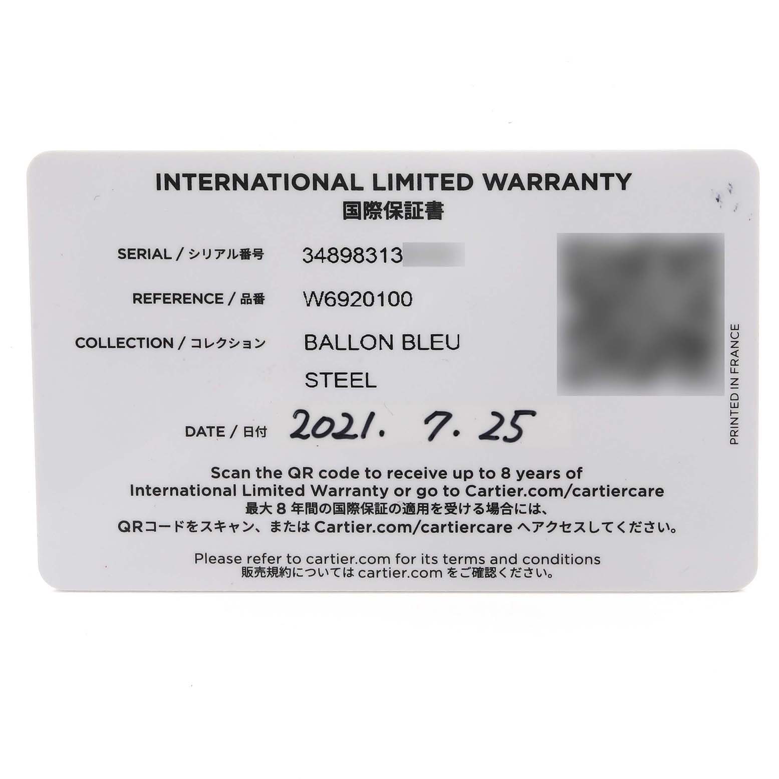 The image shows an International Limited Warranty card for a Cartier Ballon Bleu W6920100 Women's Stainless Steel Pink Dial W6920100 Women's Stainless Steel Pink Dial watch, with serial, reference, and date details.