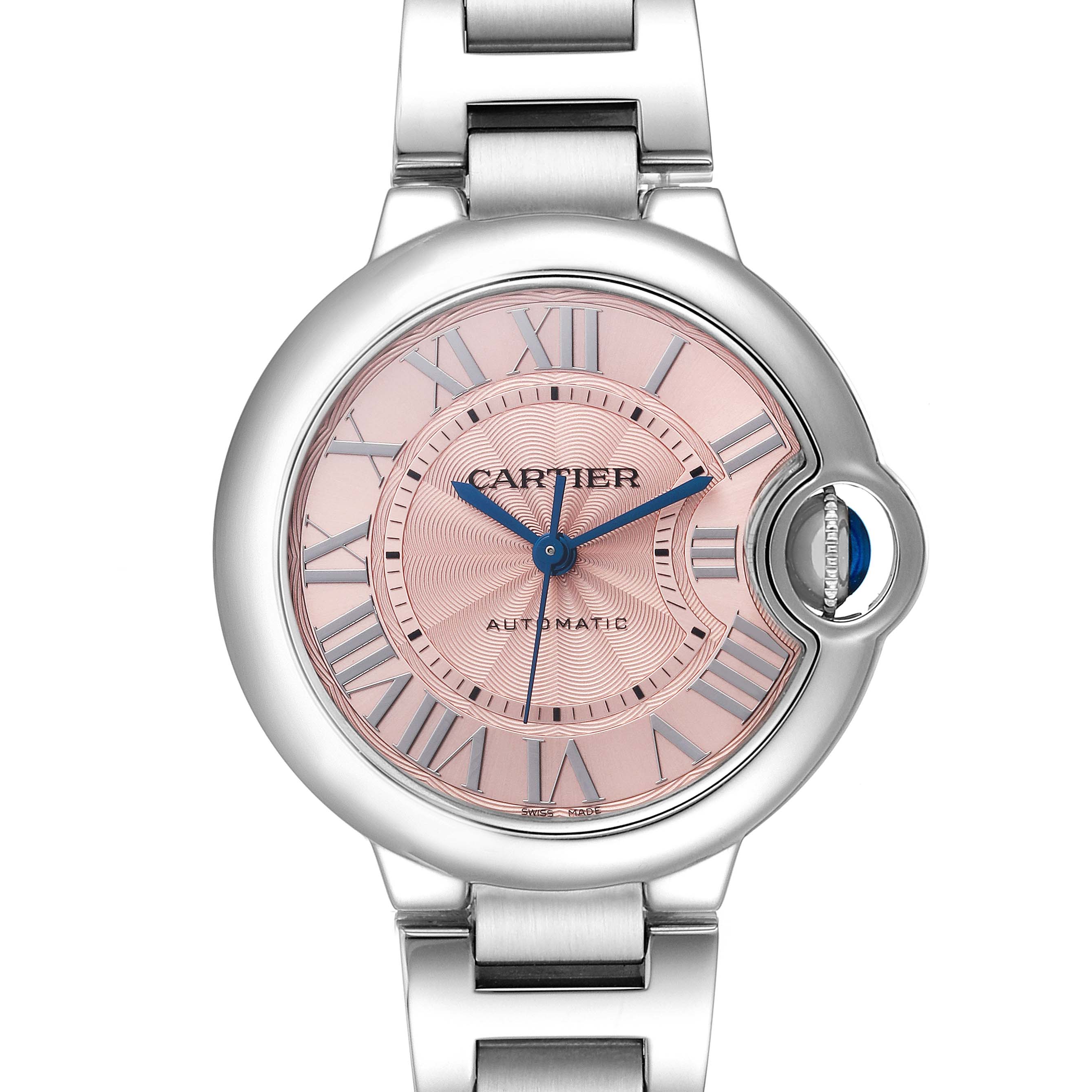 The Cartier Ballon Bleu W6920100 Women's Stainless Steel Pink Dial W6920100 Women's Stainless Steel Pink Dial watch is shown from the front, displaying the dial, case, crown, and part of the bracelet.