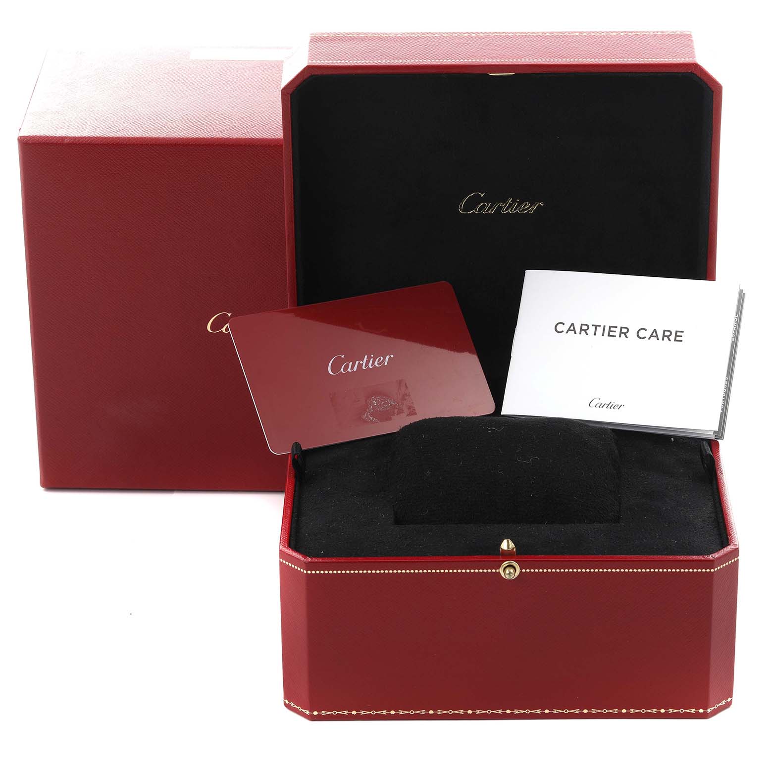 The image shows the open packaging and documentation for a Cartier Ballon Bleu W6920100 Women's Stainless Steel Pink Dial W6920100 Women's Stainless Steel Pink Dial watch.