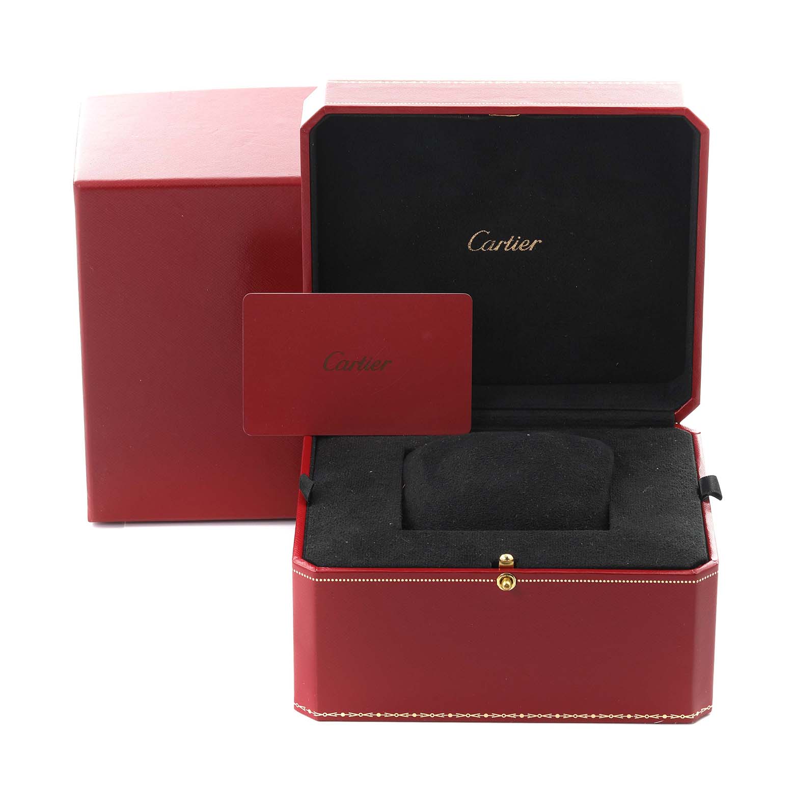 The image shows a Cartier Ballon Bleu WE902036 Women
s Rose Gold Silver Dial WE902036 Women
s Rose Gold Silver Dial watch box and packaging from a front angle, with a red card and open lid.