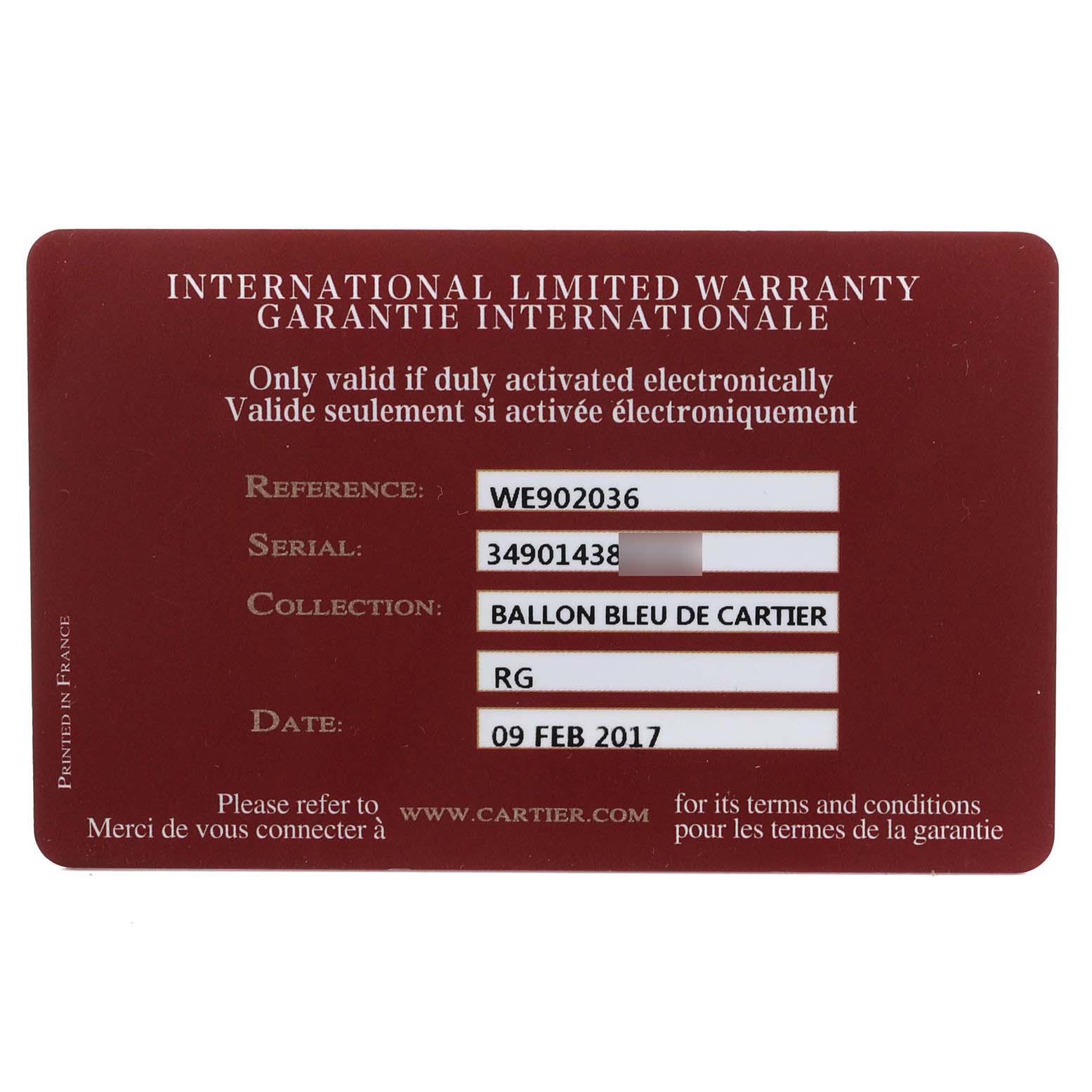 The image shows an international warranty card for the Cartier Ballon Bleu WE902036 Women
s Rose Gold Silver Dial WE902036 Women
s Rose Gold Silver Dial model.