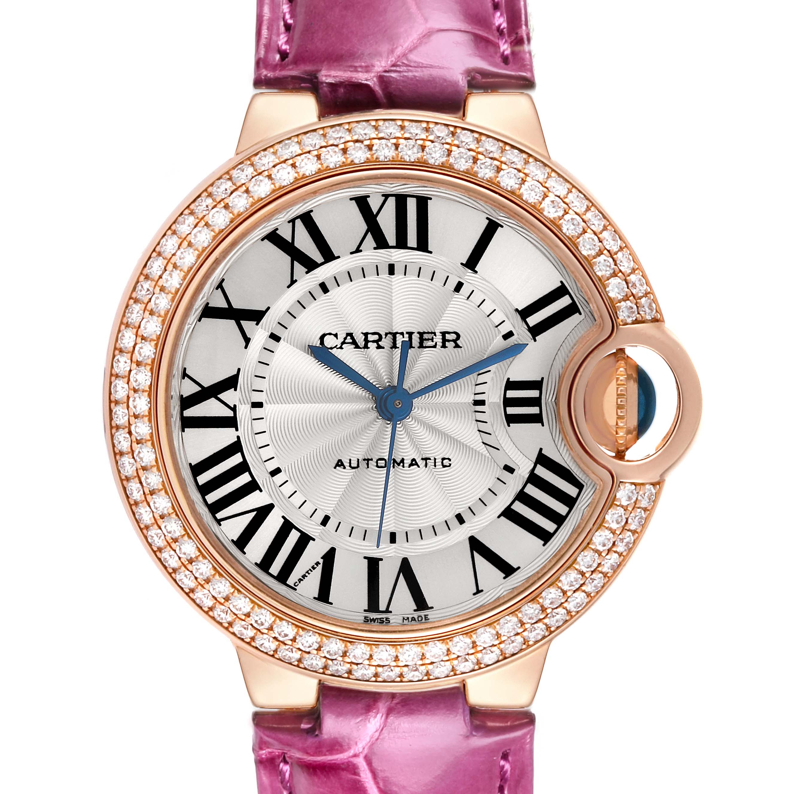 The Cartier Ballon Bleu WE902036 Women
s Rose Gold Silver Dial WE902036 Women
s Rose Gold Silver Dial watch is shown from the front, highlighting its face, bezel, and strap.