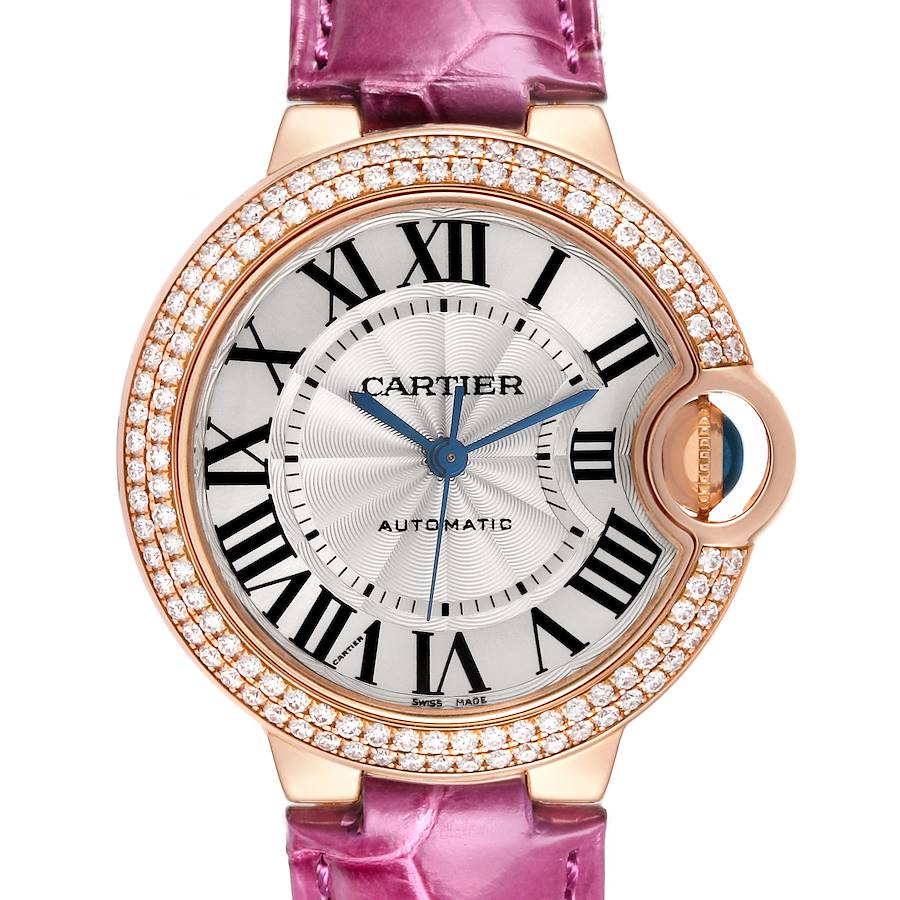 The Cartier Ballon Bleu watch is shown from the front, highlighting its face, bezel, and strap.