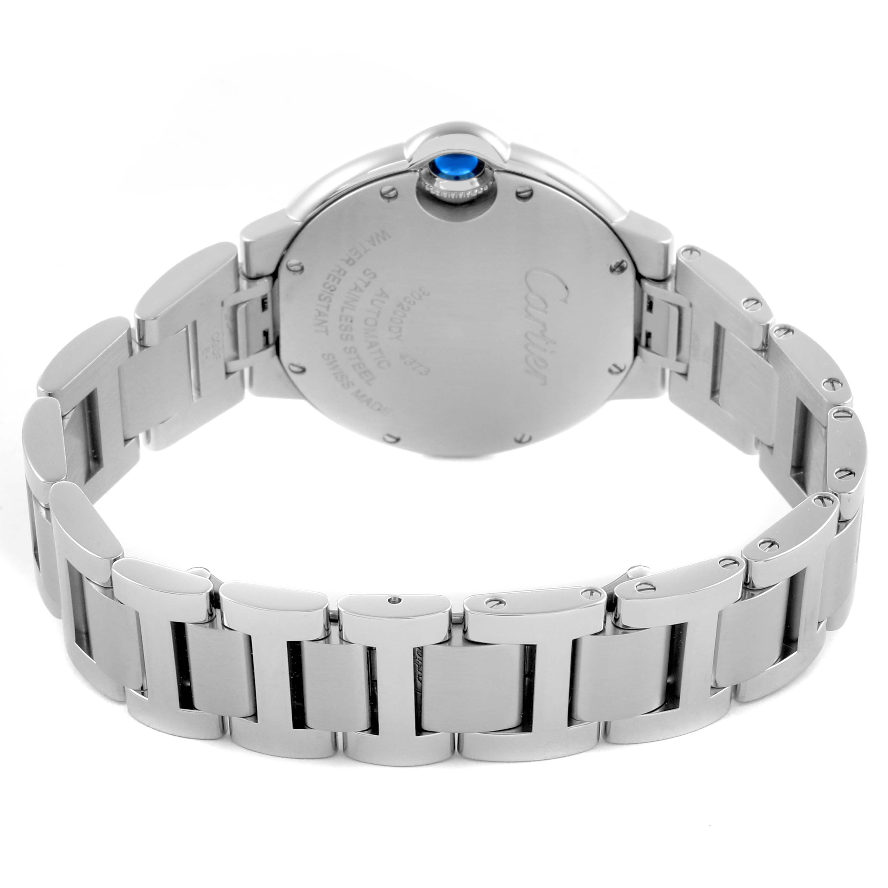 The Cartier Ballon Bleu W4BB0023 Women's Stainless Steel Silver Dial W4BB0023 Women's Stainless Steel Silver Dial watch is shown from the back, highlighting the case back and metal bracelet.