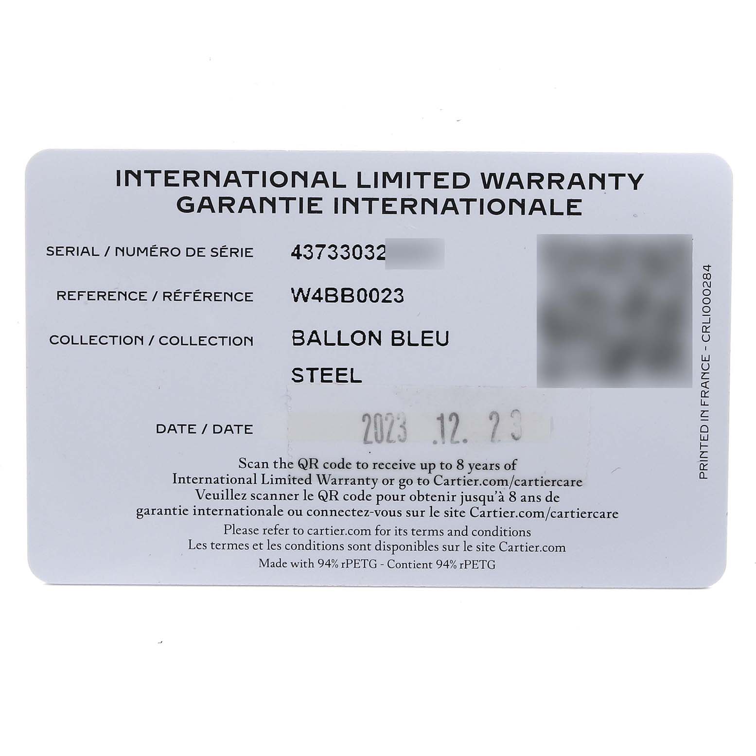 The image shows an international warranty card for the Cartier Ballon Bleu W4BB0023 Women's Stainless Steel Silver Dial W4BB0023 Women's Stainless Steel Silver Dial watch model.