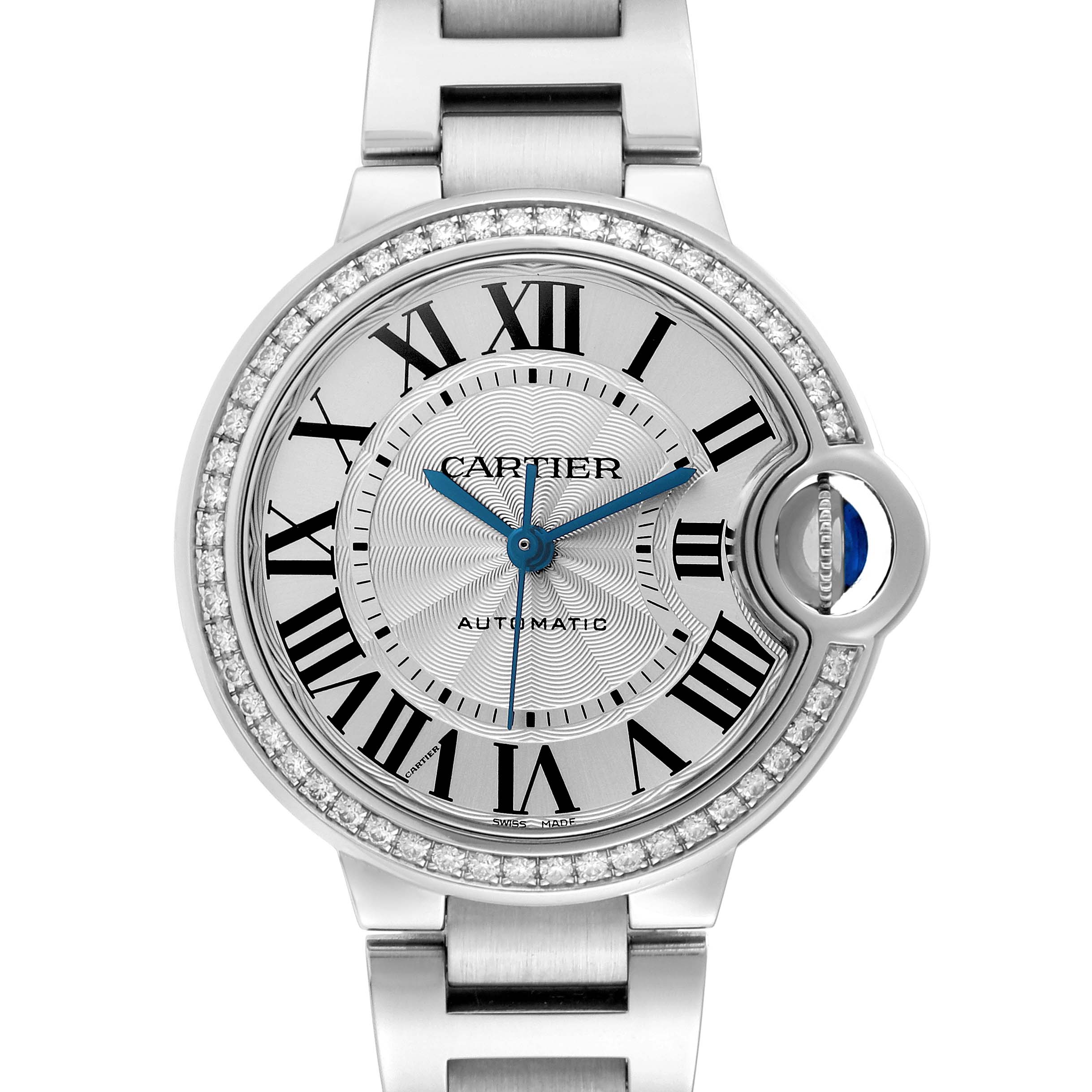The Cartier Ballon Bleu W4BB0023 Women's Stainless Steel Silver Dial W4BB0023 Women's Stainless Steel Silver Dial watch is shown from a front angle, featuring the dial, case, and part of the bracelet.