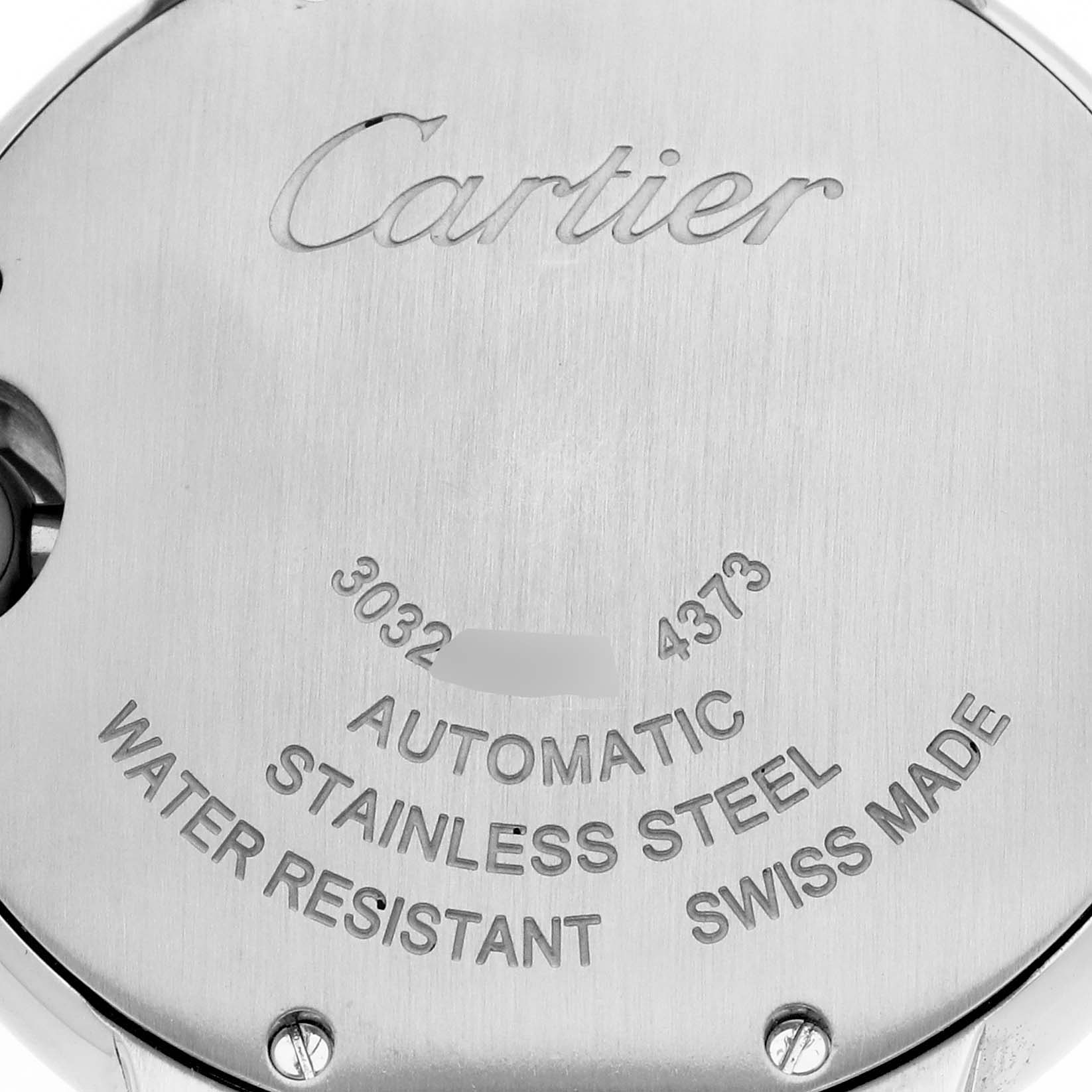 The image shows the engraved back case of a Cartier Ballon Bleu W4BB0023 Women's Stainless Steel Silver Dial W4BB0023 Women's Stainless Steel Silver Dial watch at a top view angle.