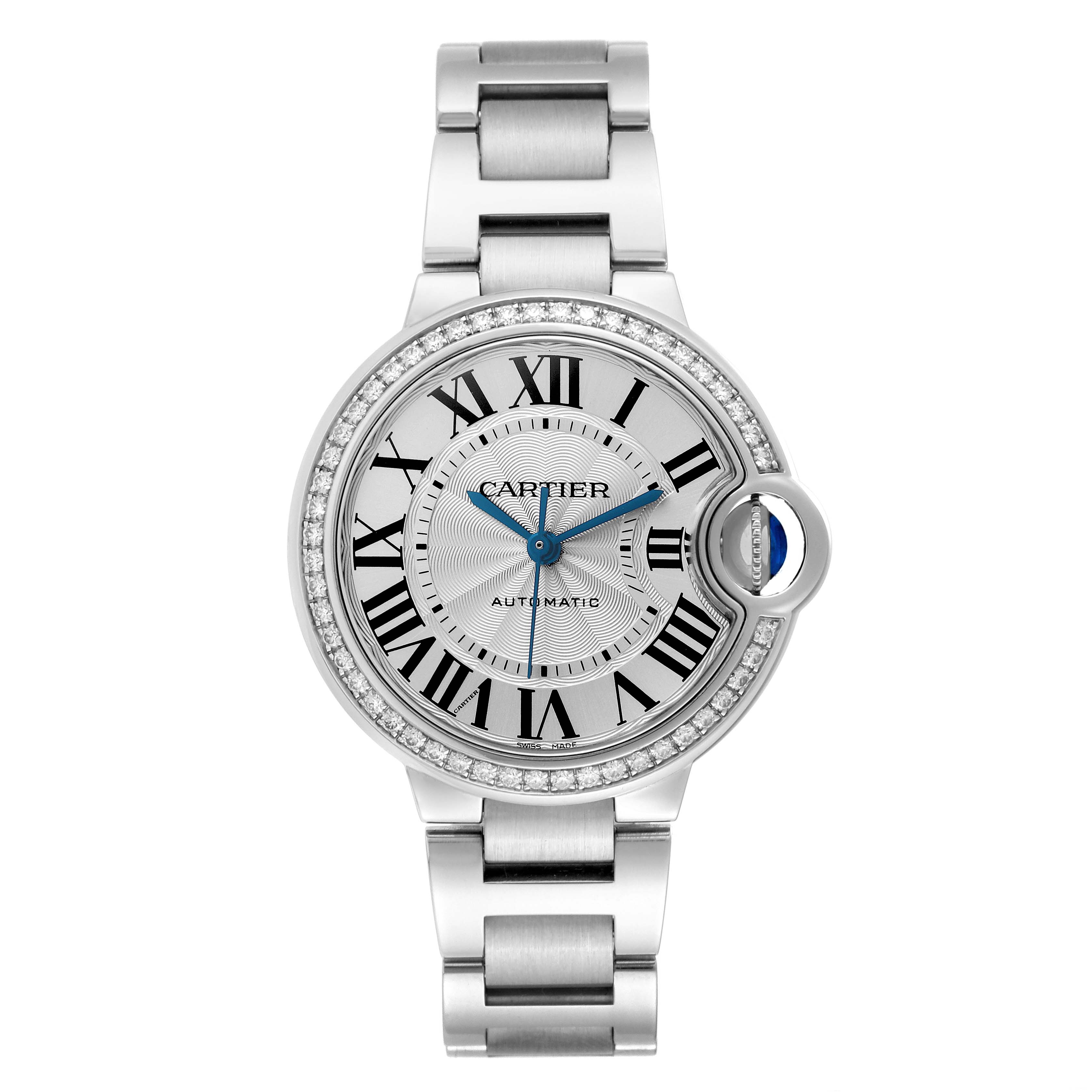 The Cartier Ballon Bleu W4BB0023 Women's Stainless Steel Silver Dial W4BB0023 Women's Stainless Steel Silver Dial watch is shown from the front, displaying the dial, crown, and full bracelet.