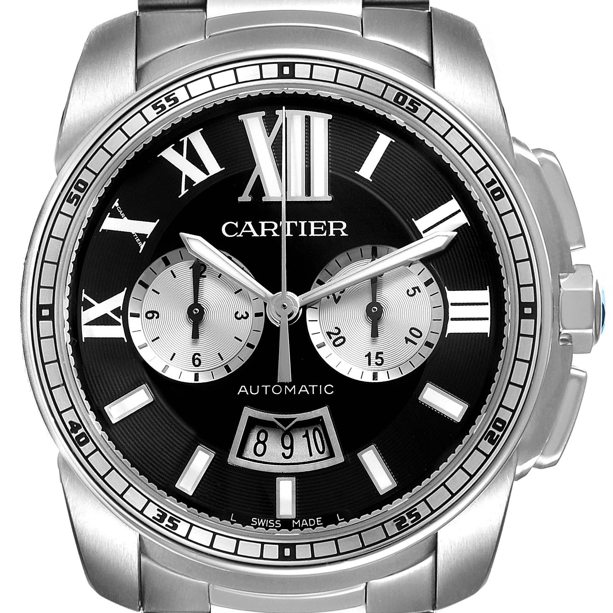 The image shows a front view of the Calibre de Cartier watch by Cartier, highlighting the dial and chronograph features.
