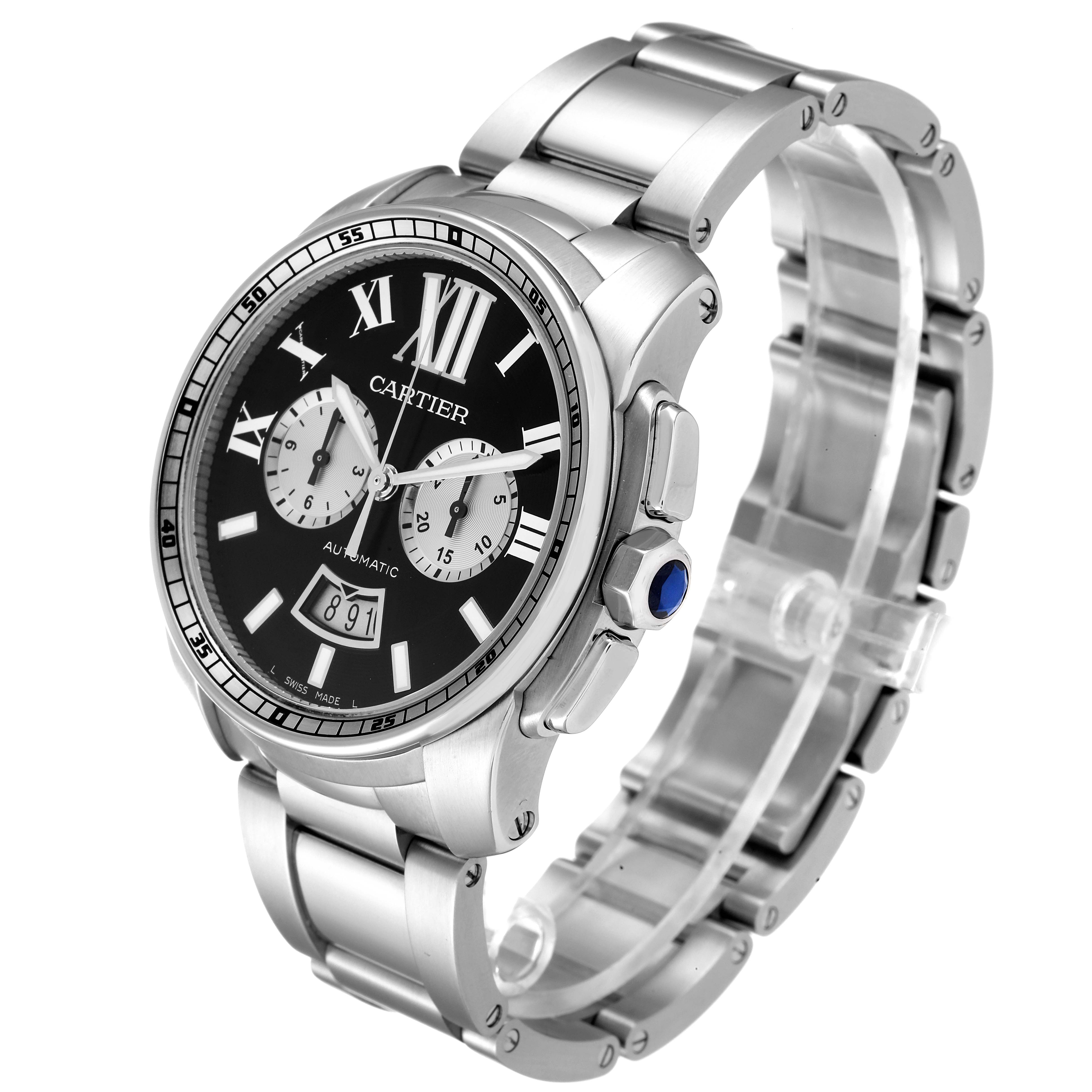 The image shows a Calibre de Cartier watch by Cartier at a three-quarter angle, highlighting the dial, bezel, crown, and bracelet.