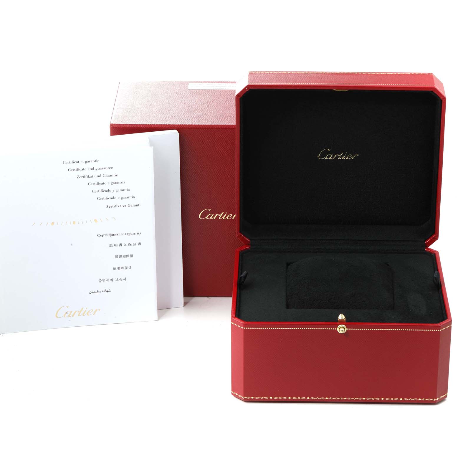 The image shows an open red Cartier watch box, a Calibre de Cartier model, along with warranty and certificate papers.