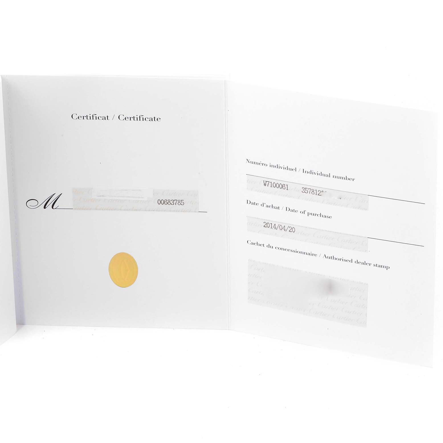 The image shows a warranty certificate for the Calibre de Cartier model by Cartier, with purchase details and an individual number.