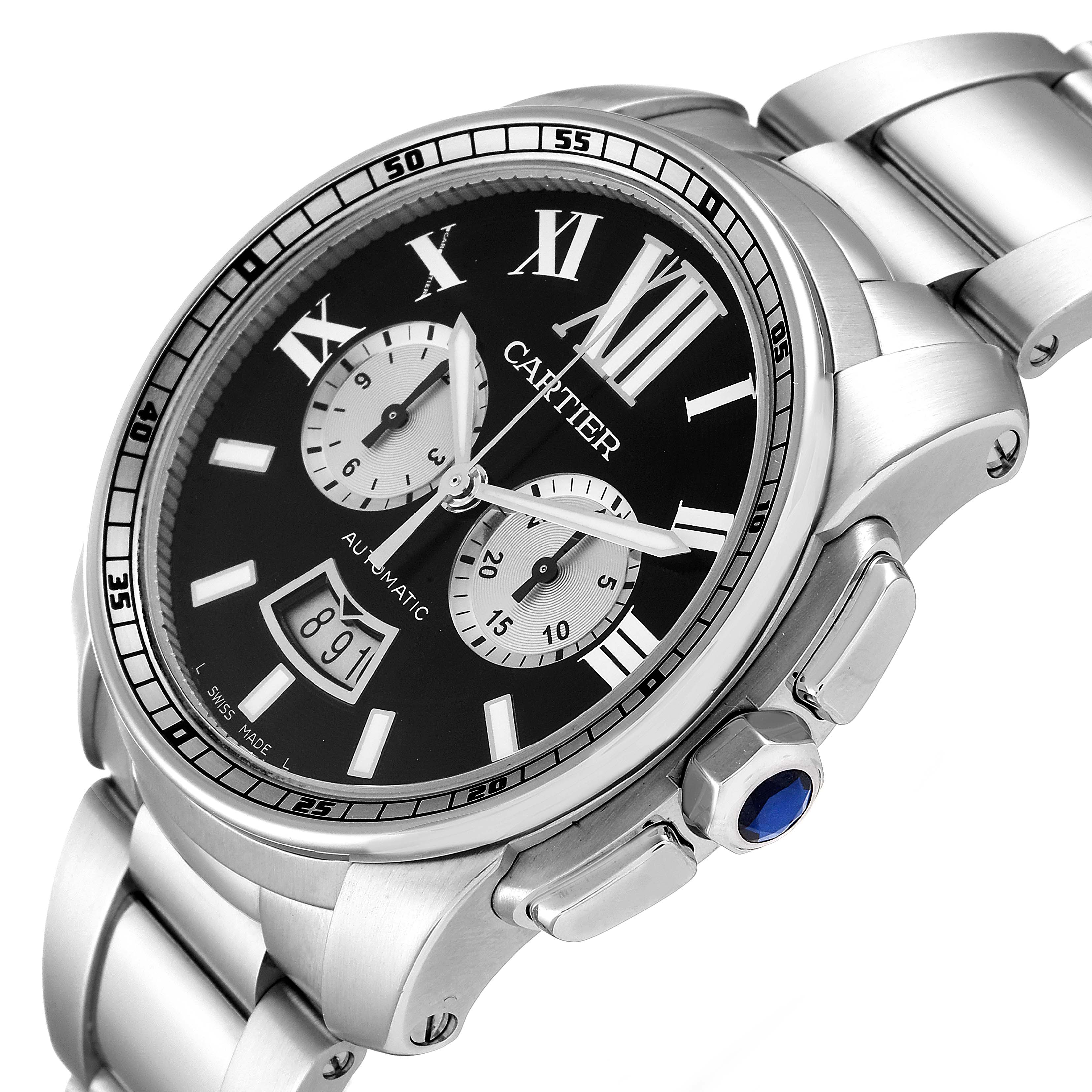 The Calibre de Cartier watch is shown at a tilted angle, highlighting the dial, subdials, date window, and part of the bracelet.