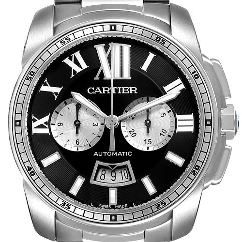 Photo of Cartier Calibre Black Dial Cronograph Steel Mens Watch W7100061 Box Papers