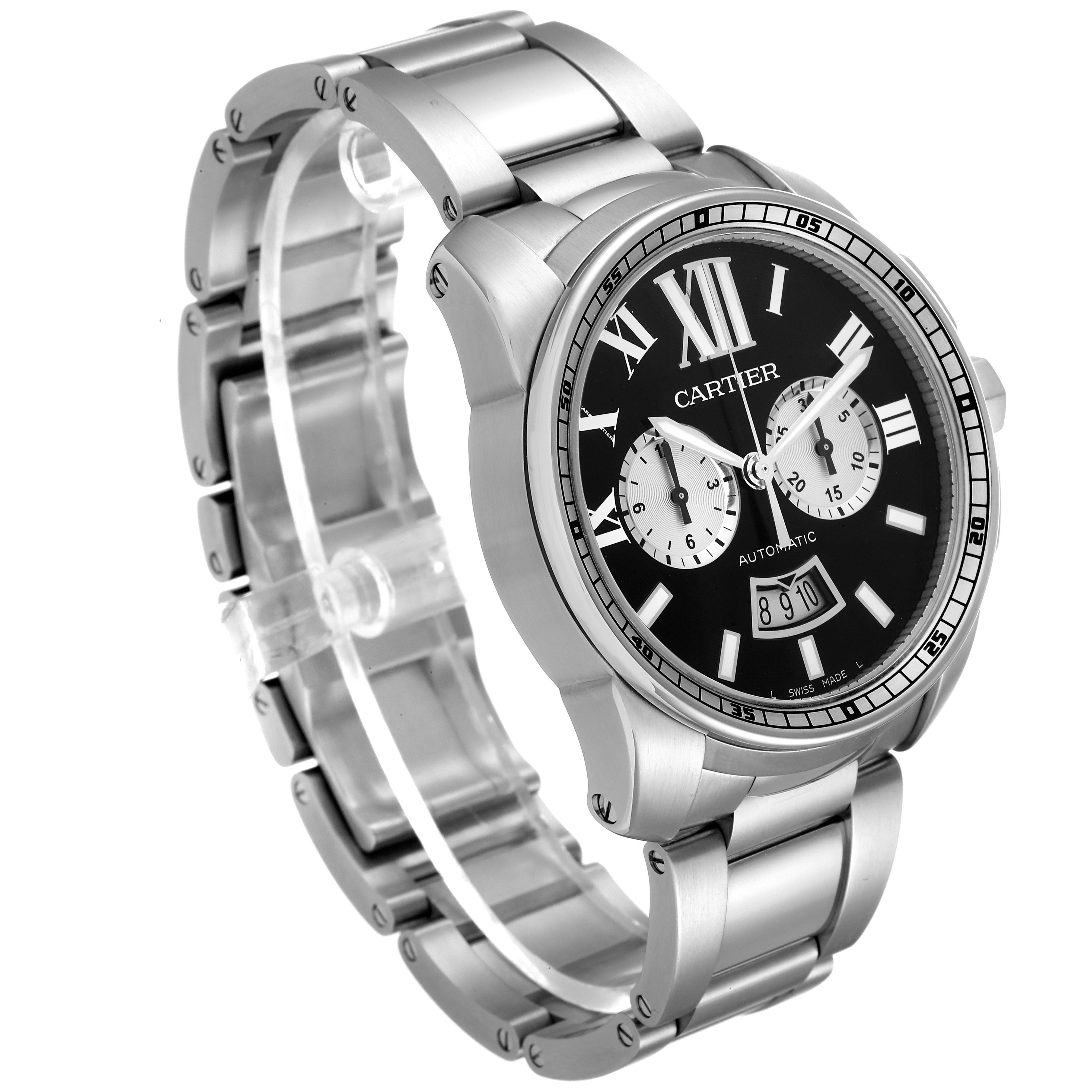 The image shows a Calibre de Cartier watch by Cartier at an angle highlighting the face, bezel, and metal bracelet.