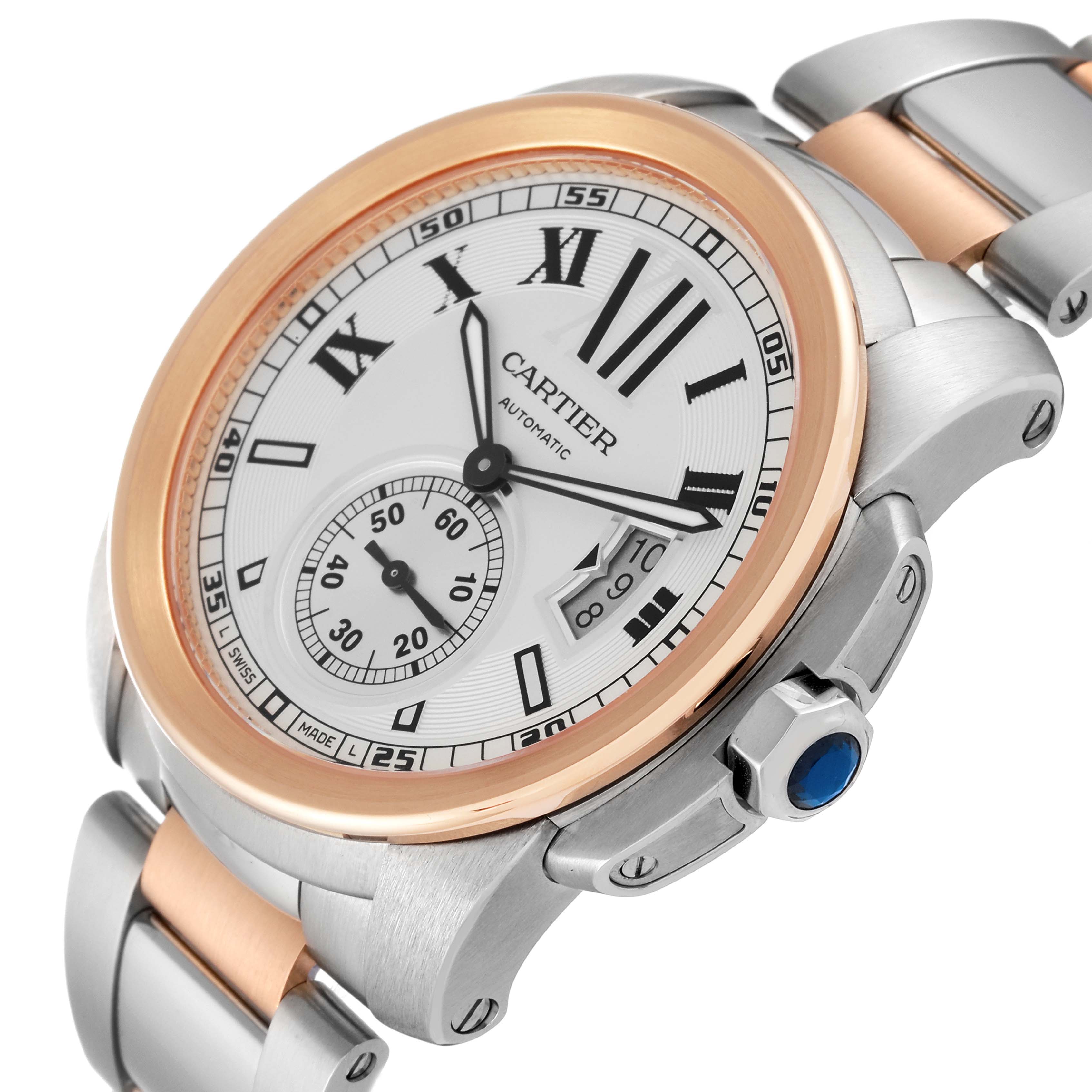 This image shows a close-up, angled view of the Calibre de Cartier watch, highlighting the face, bezel, and part of the bracelet.