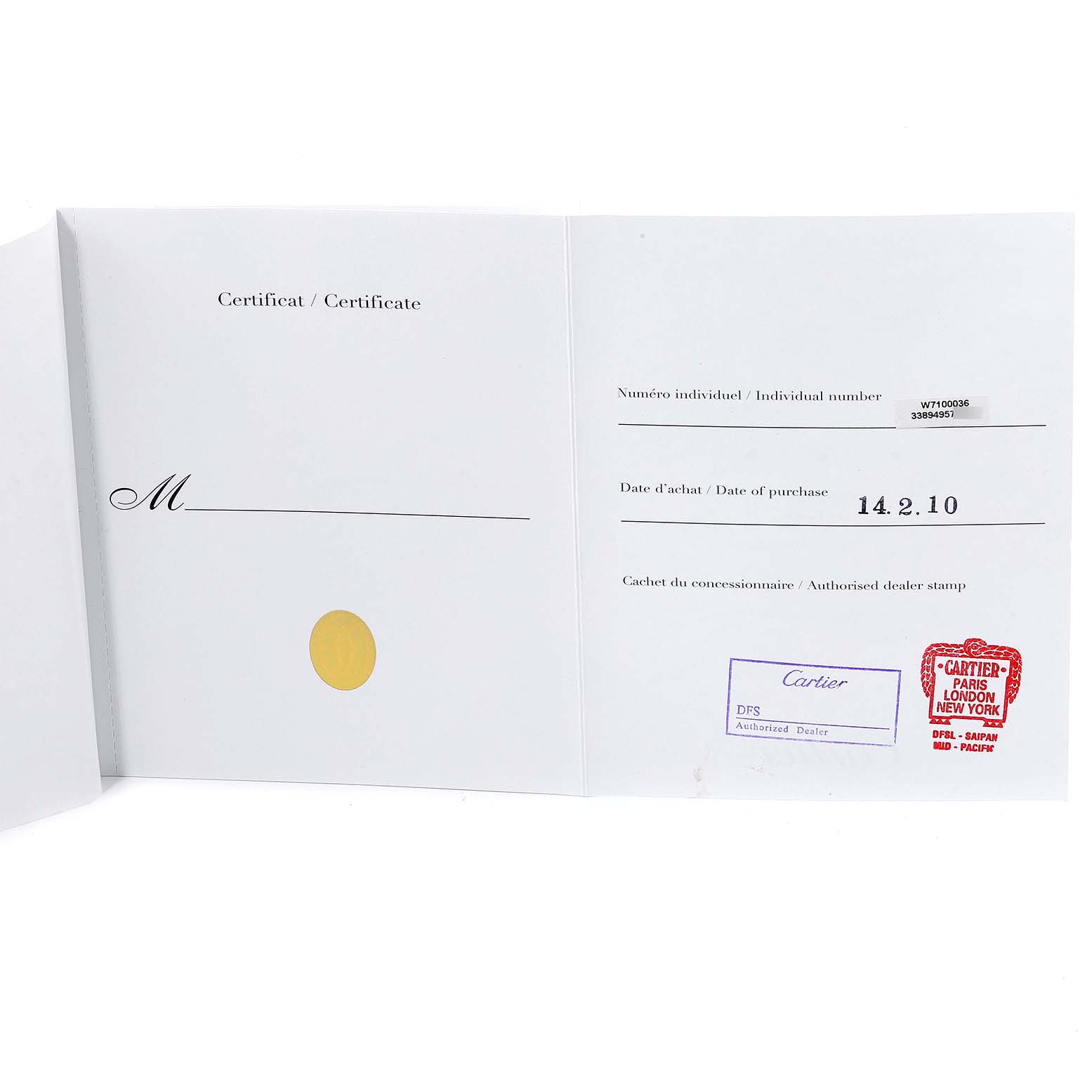 The image shows the certificate and purchase information for the Calibre de Cartier model by Cartier.