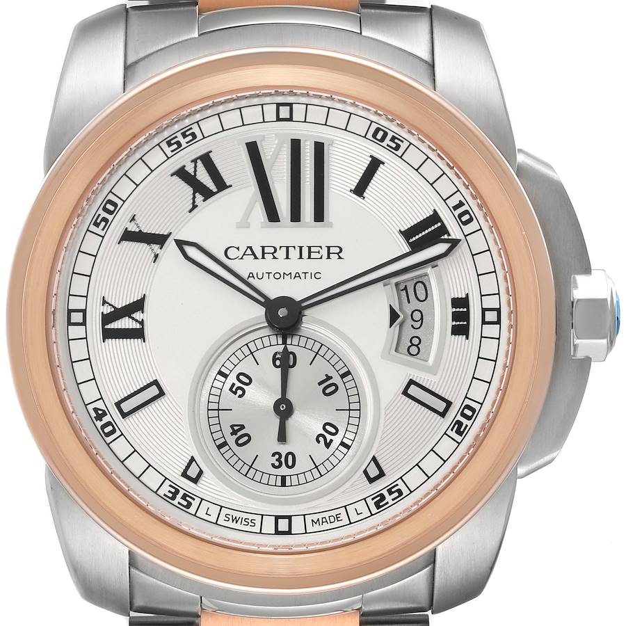 Cartier Calibre Silver Dial Steel Rose Gold Mens Watch W7100036 Papers SwissWatchExpo
