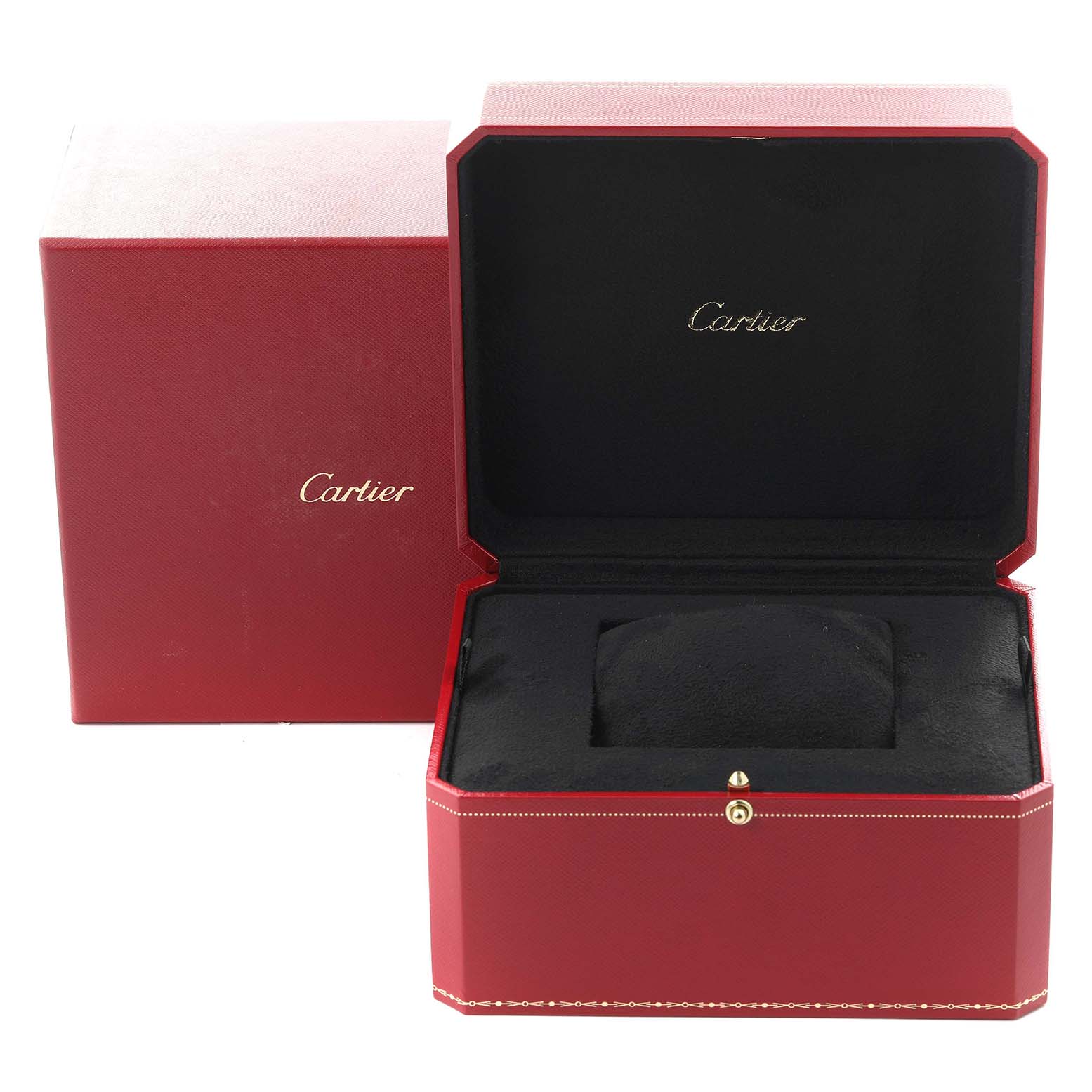 The image shows a Cartier box for the Calibre de Cartier model, open to reveal the interior.
