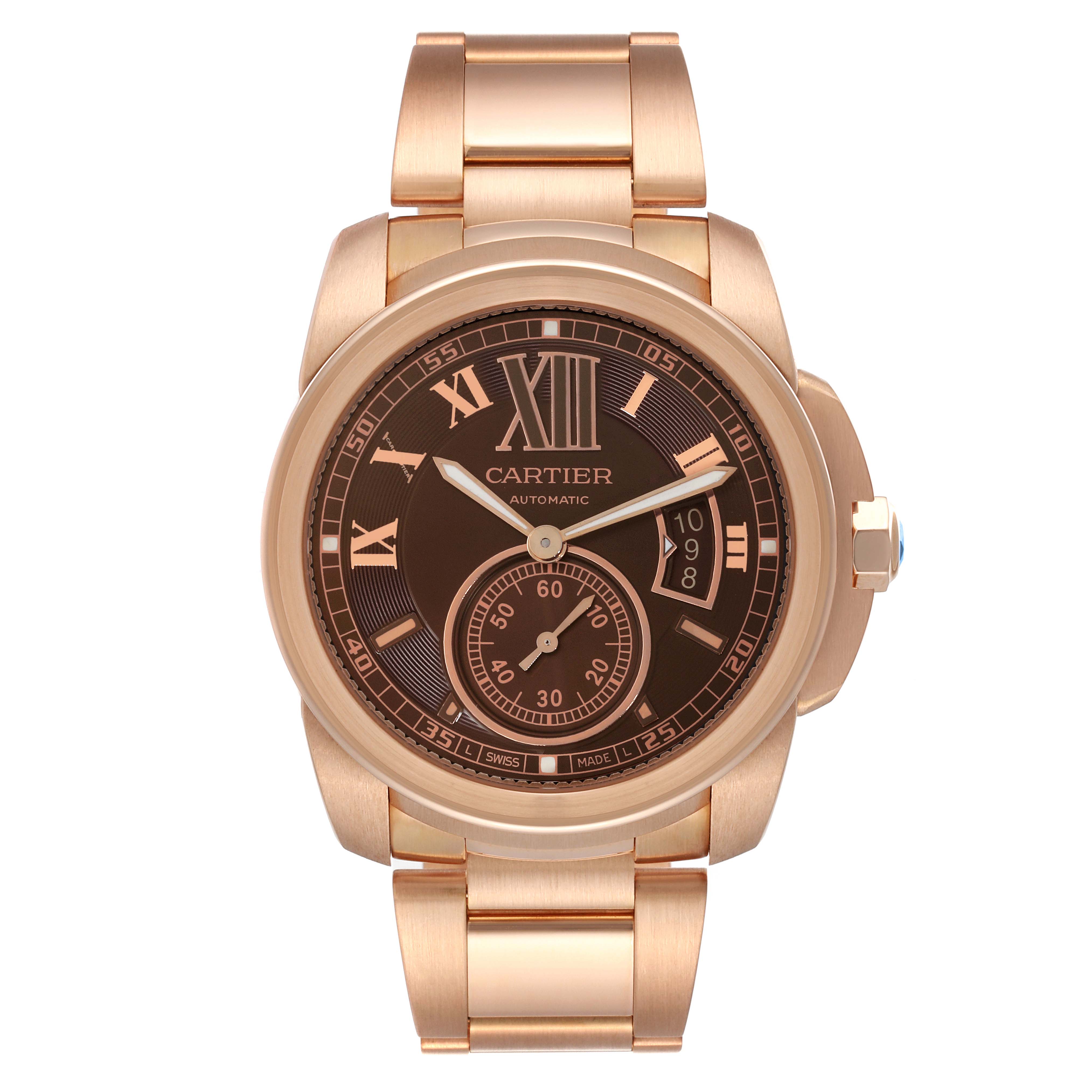 The image shows a front view of the Calibre de Cartier watch, highlighting the dial, case, and bracelet.